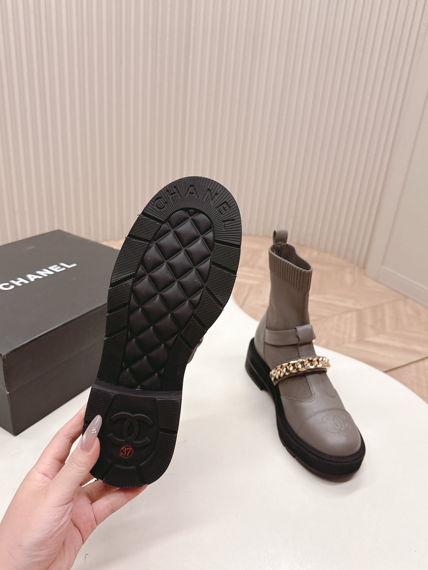 CHANEL ANKLE BOOTS 25S IN SMOKY GREY LAMBSKIN EMBOSSED LOGO WITH GOLD HARDWARE - 35