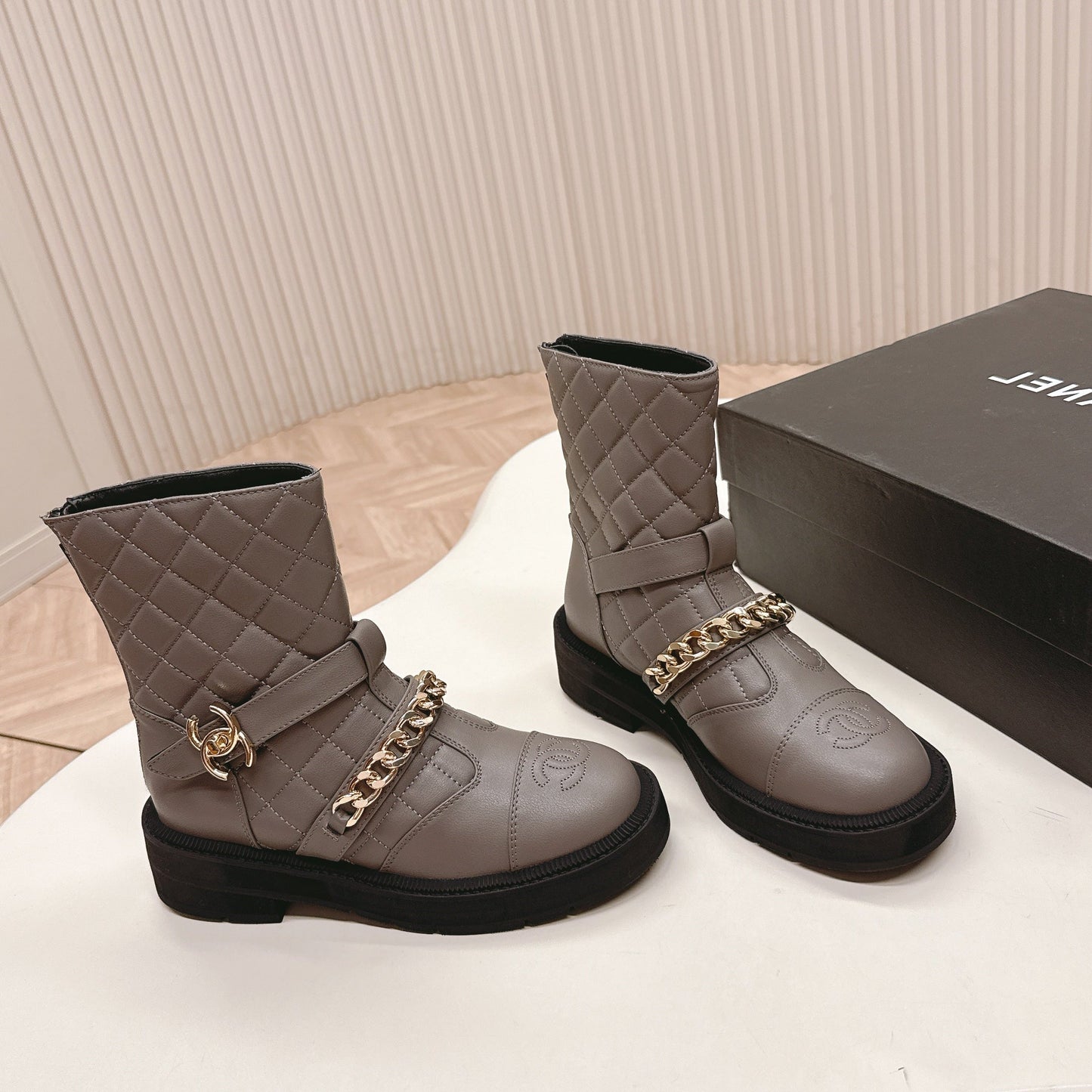 CHANEL ANKLE BOOTS 25S IN SMOKY GREY LAMBSKIN EMBOSSED LOGO WITH GOLD HARDWARE - 35