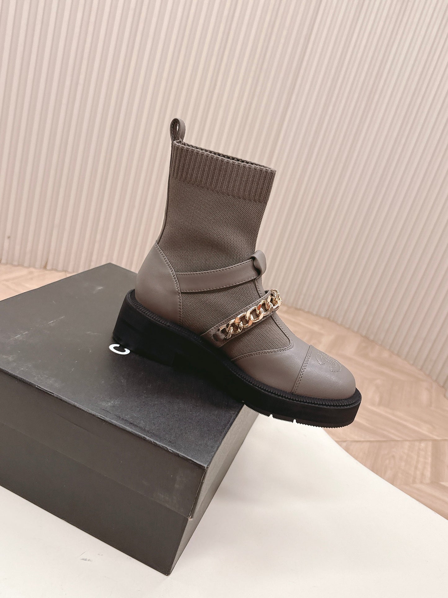 CHANEL ANKLE BOOTS 25S IN SMOKY GREY LAMBSKIN EMBOSSED LOGO WITH GOLD HARDWARE - 35