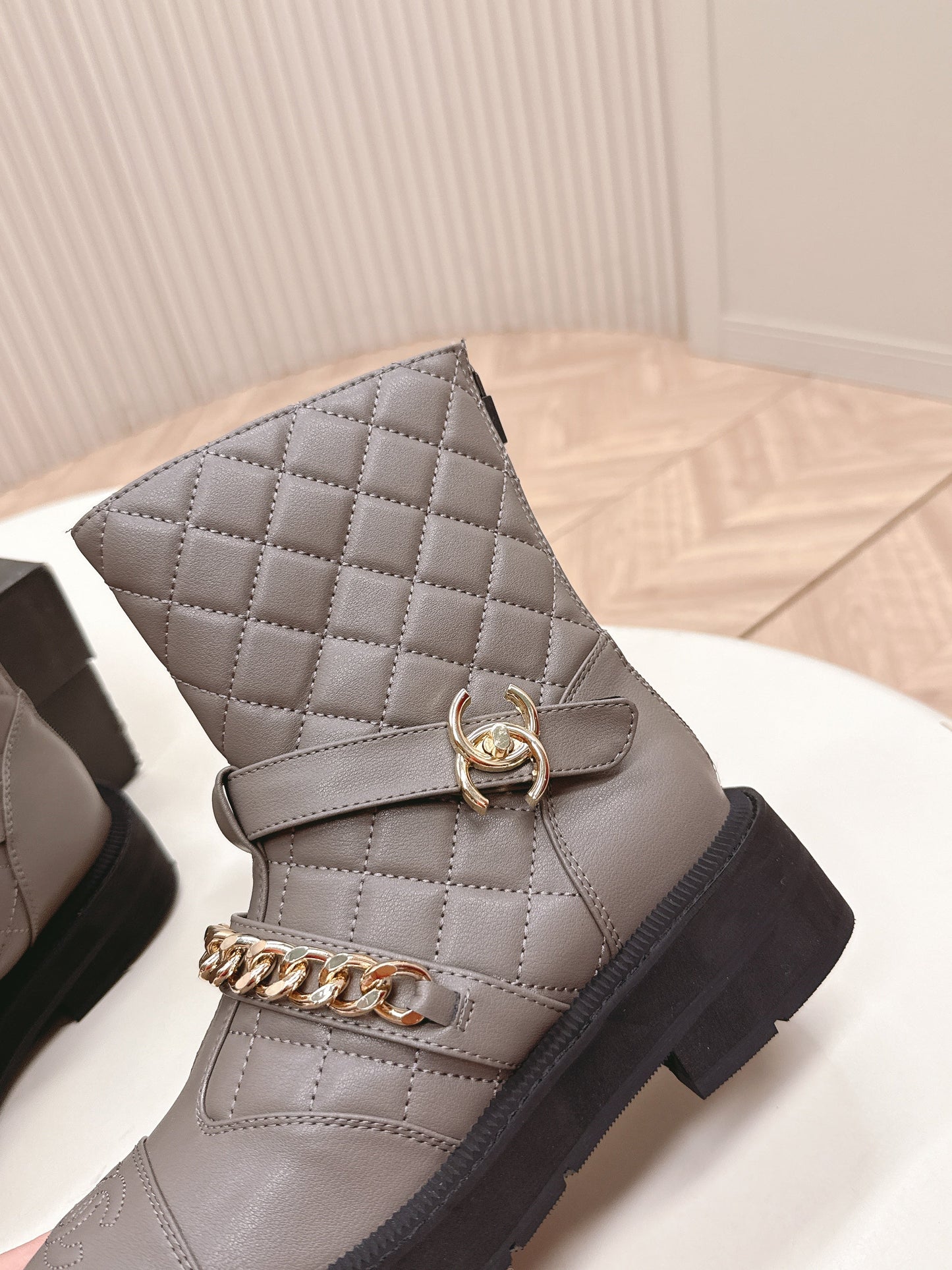 CHANEL ANKLE BOOTS 25S IN SMOKY GREY LAMBSKIN EMBOSSED LOGO WITH GOLD HARDWARE - 35