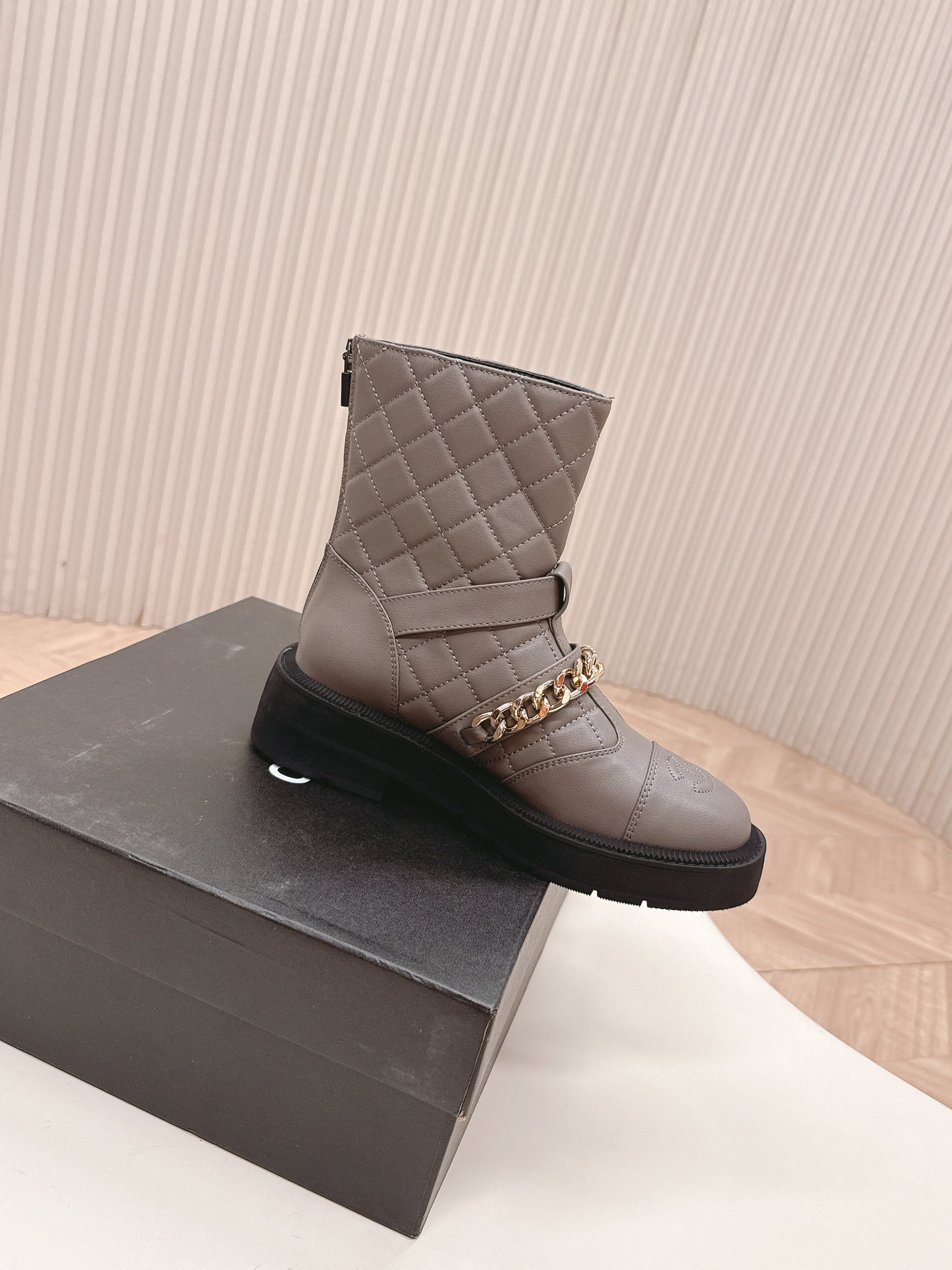 CHANEL ANKLE BOOTS 25S IN SMOKY GREY LAMBSKIN EMBOSSED LOGO WITH GOLD HARDWARE - 35