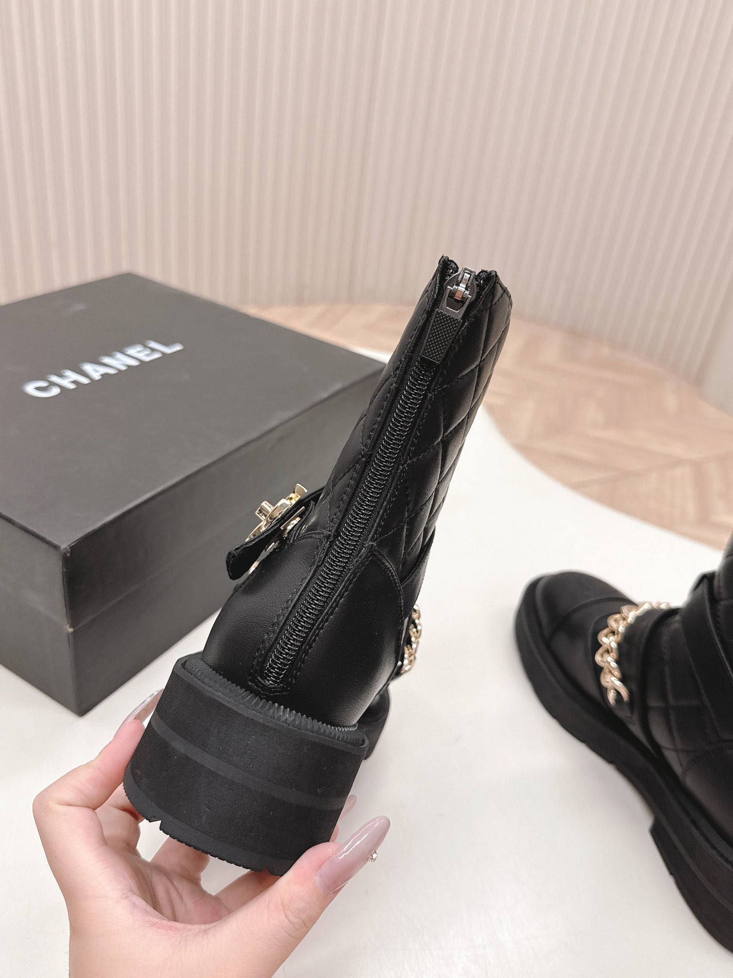 CHANEL ANKLE BOOTS 25S IN BLACK LAMBSKIN EMBOSSED LOGO WITH GOLD HARDWARE - 35