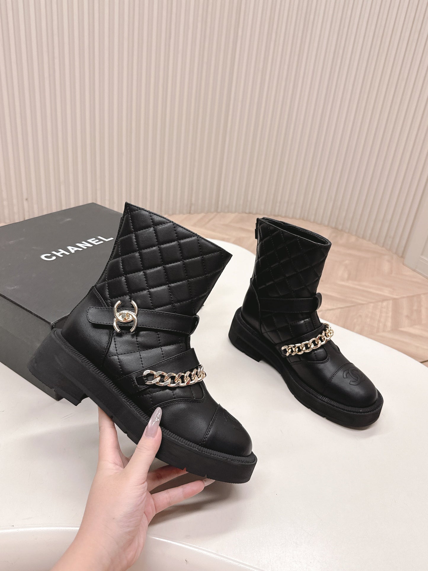 CHANEL ANKLE BOOTS 25S IN BLACK LAMBSKIN EMBOSSED LOGO WITH GOLD HARDWARE - 35