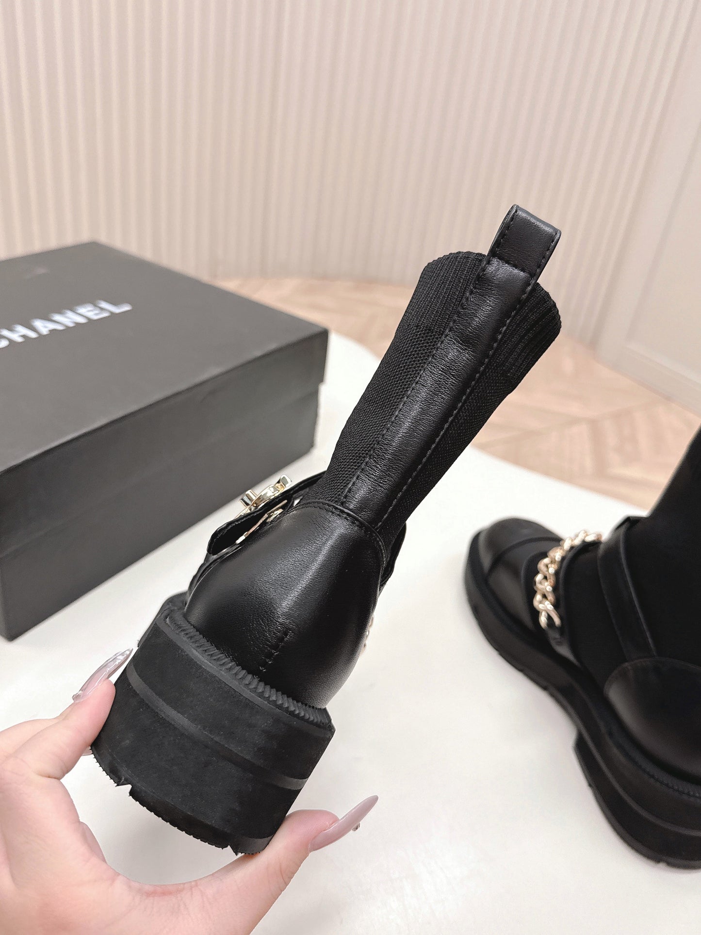 CHANEL ANKLE BOOTS 25S IN BLACK LAMBSKIN AND FABRIC WITH GOLD HARDWARE - 35