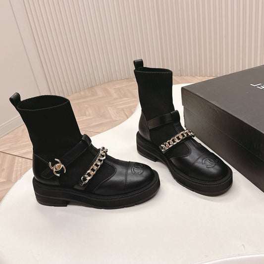 CHANEL ANKLE BOOTS 25S IN BLACK LAMBSKIN AND FABRIC WITH GOLD HARDWARE - 35
