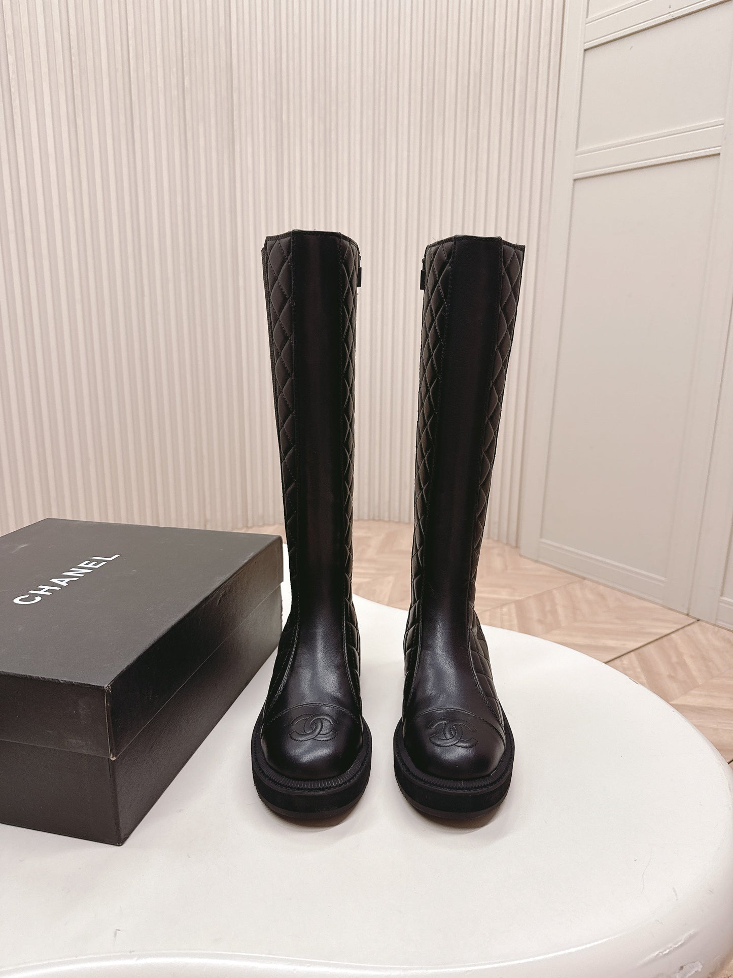 CHANEL KNEE-HIGH BOOTS 25S IN BLACK LAMBSKIN - 35