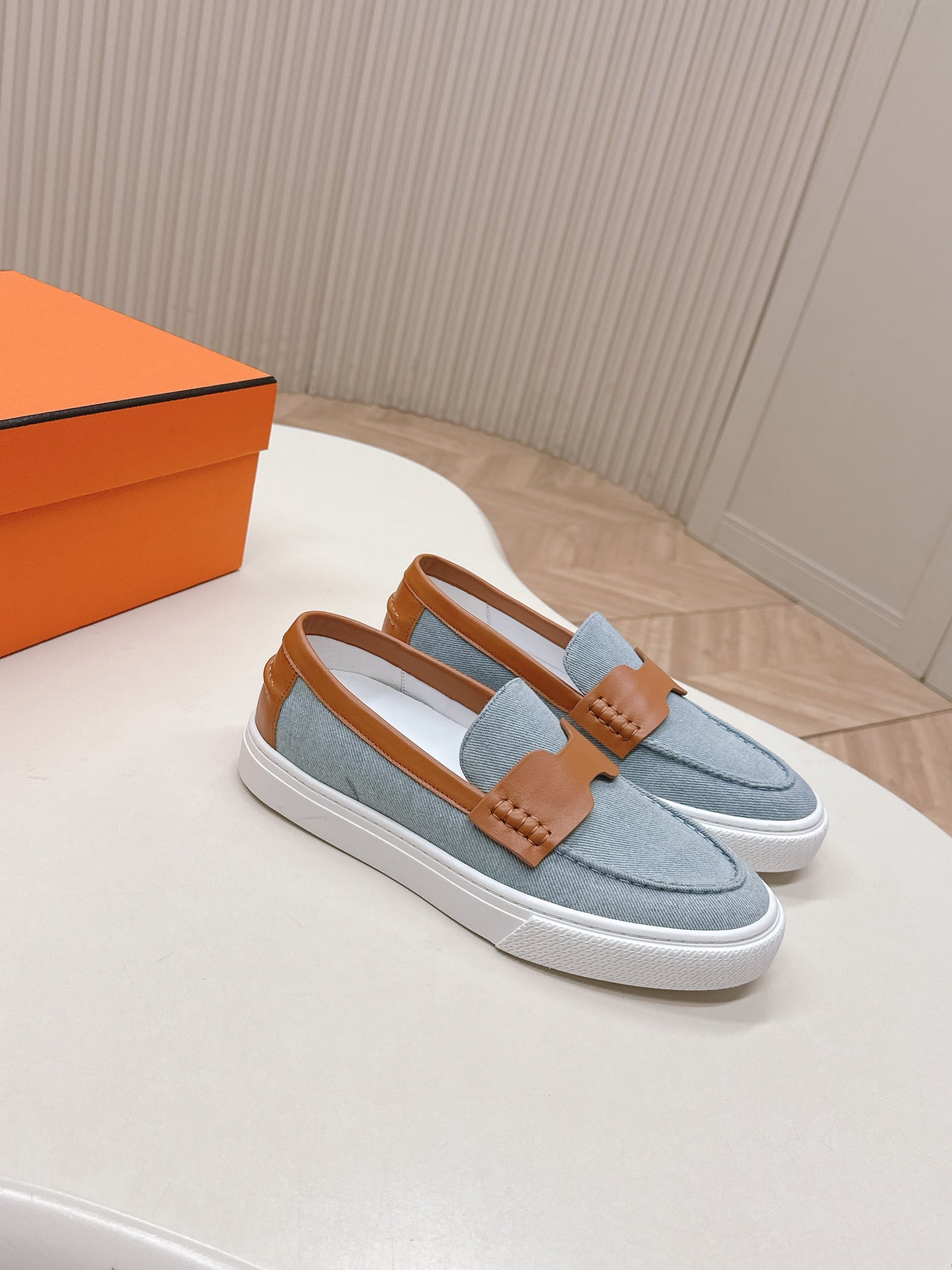 HM 25S SLIP-ON IN BLUE DENIM AND BROWN LAMBSKIN - 35