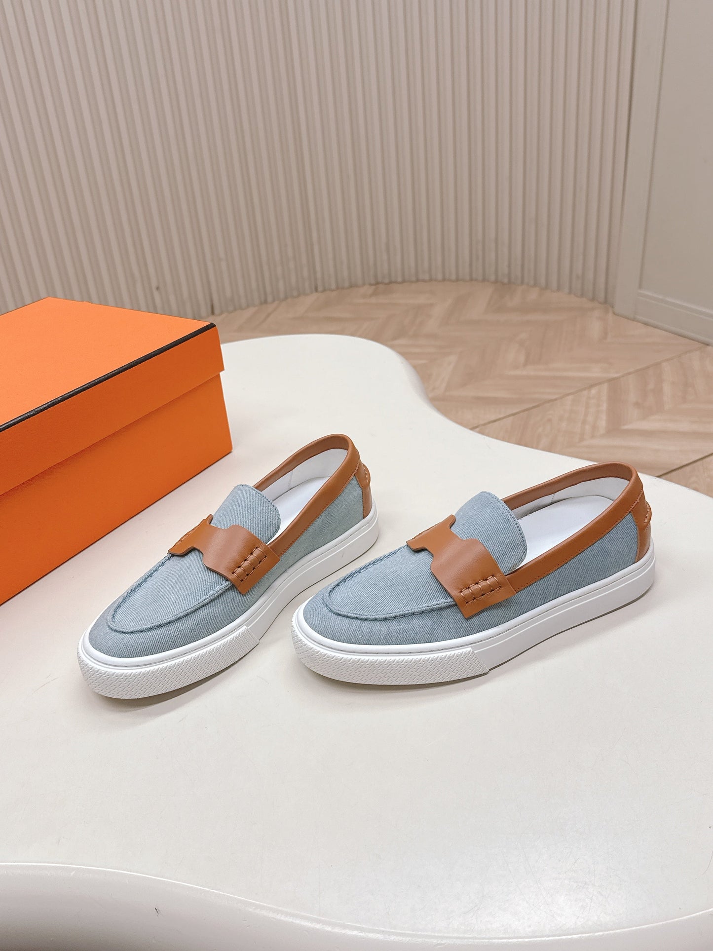 HM 25S SLIP-ON IN BLUE DENIM AND BROWN LAMBSKIN - 35