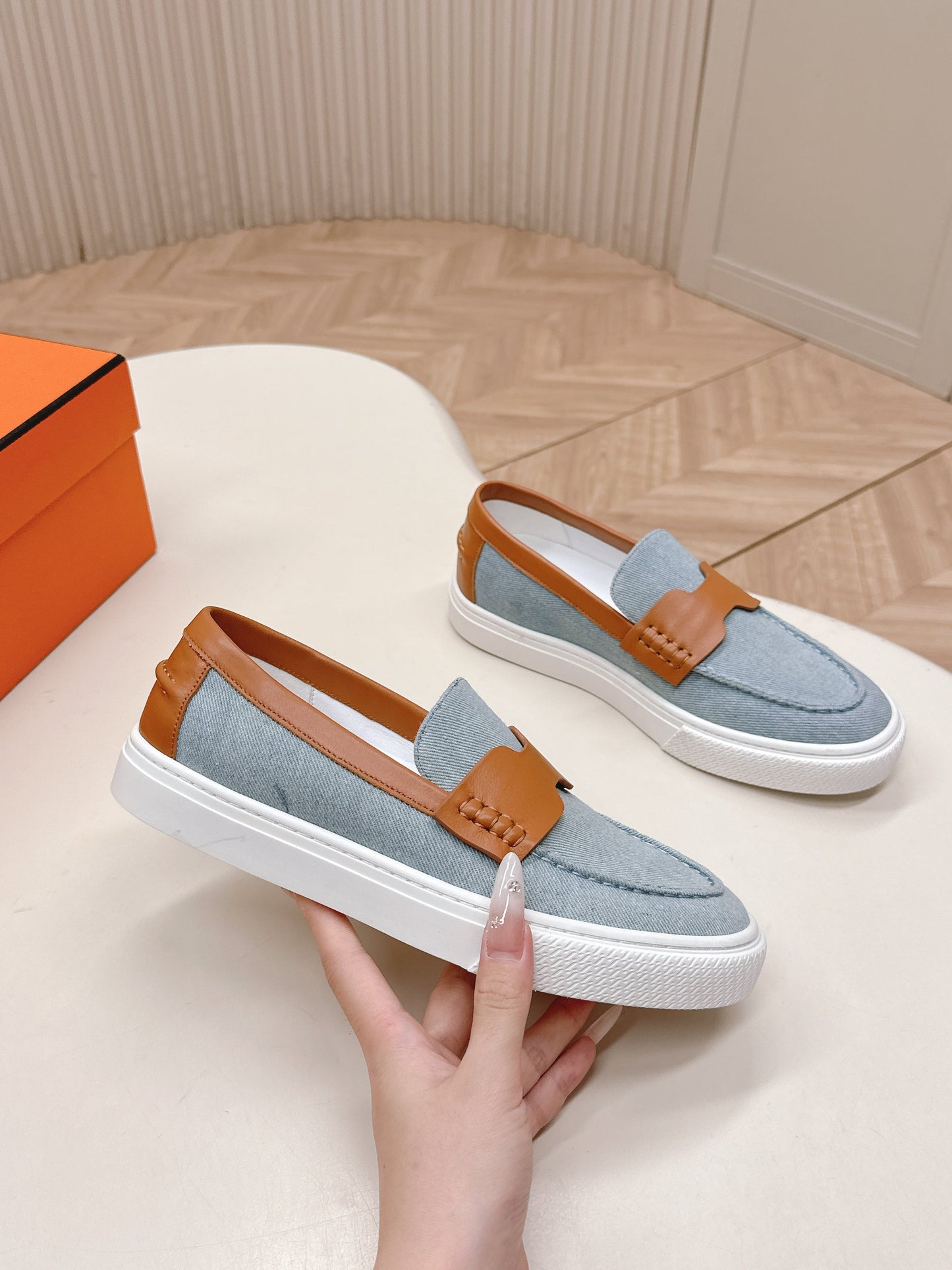HM 25S SLIP-ON IN BLUE DENIM AND BROWN LAMBSKIN - 35