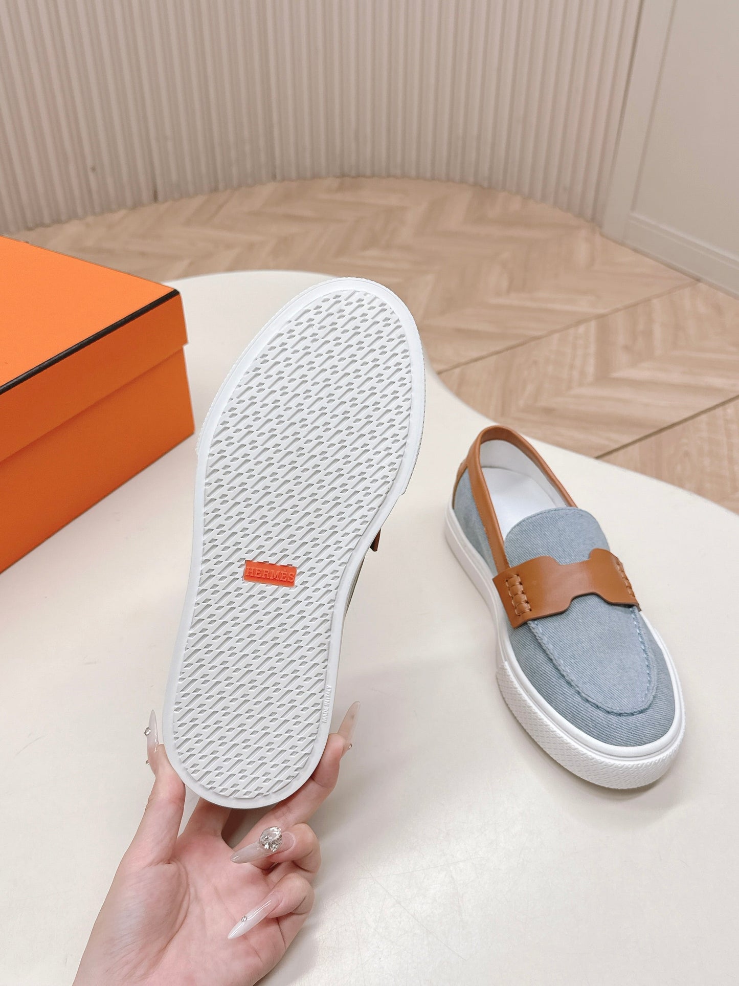 HM 25S SLIP-ON IN BLUE DENIM AND BROWN LAMBSKIN - 35