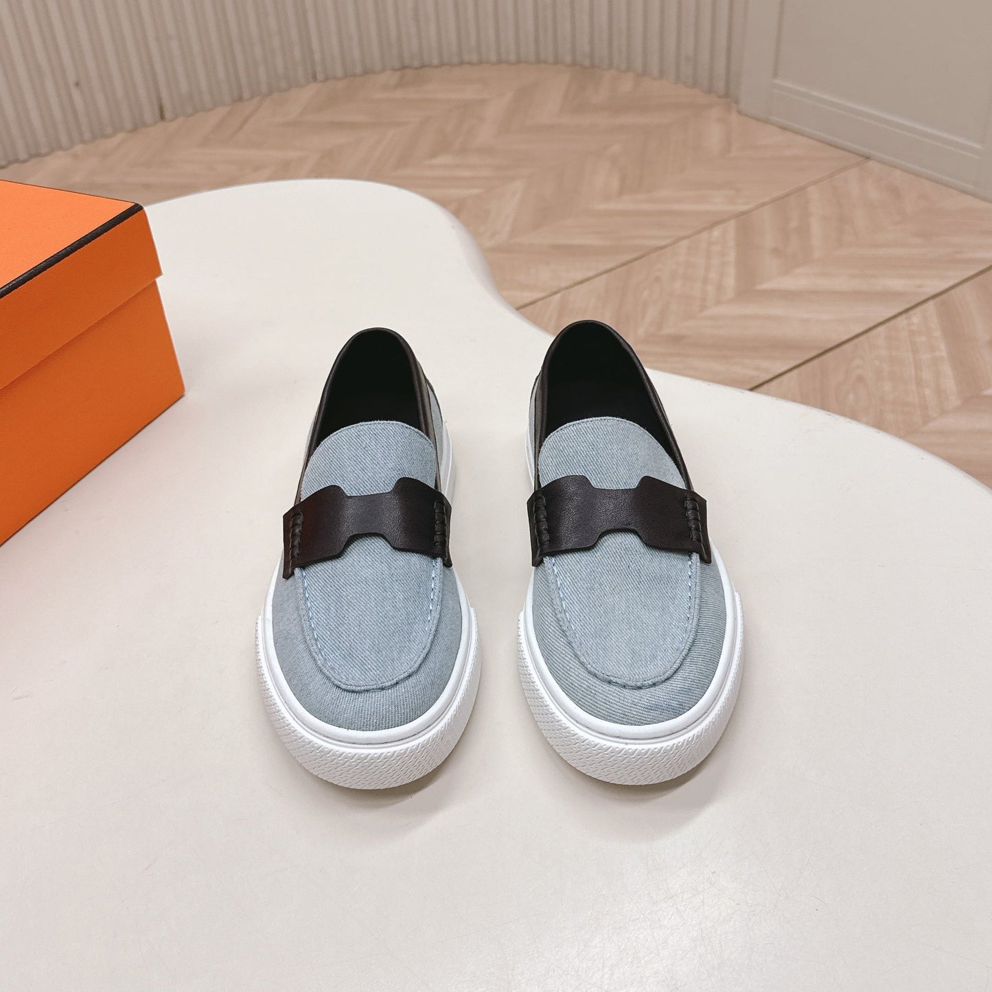 HM 25S SLIP-ON IN BLUE DENIM AND BLACK LAMBSKIN - 35