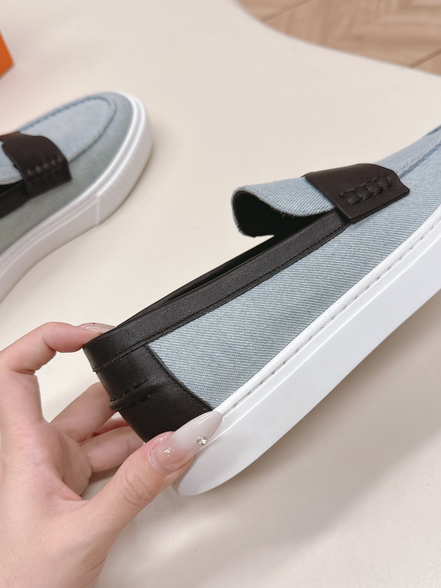 HM 25S SLIP-ON IN BLUE DENIM AND BLACK LAMBSKIN - 35