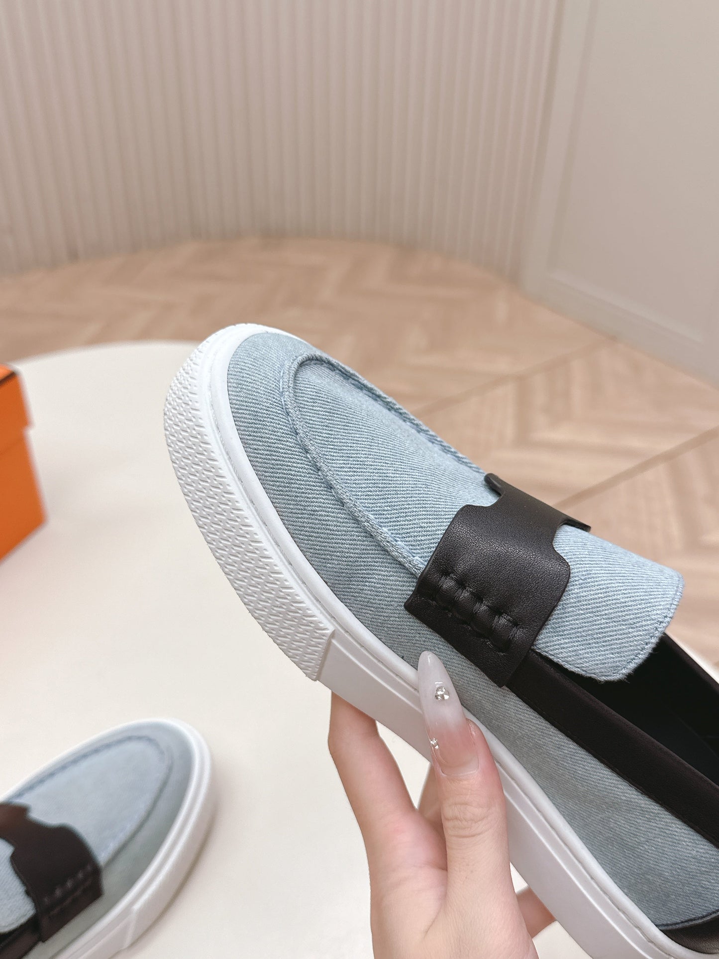 HM 25S SLIP-ON IN BLUE DENIM AND BLACK LAMBSKIN - 35