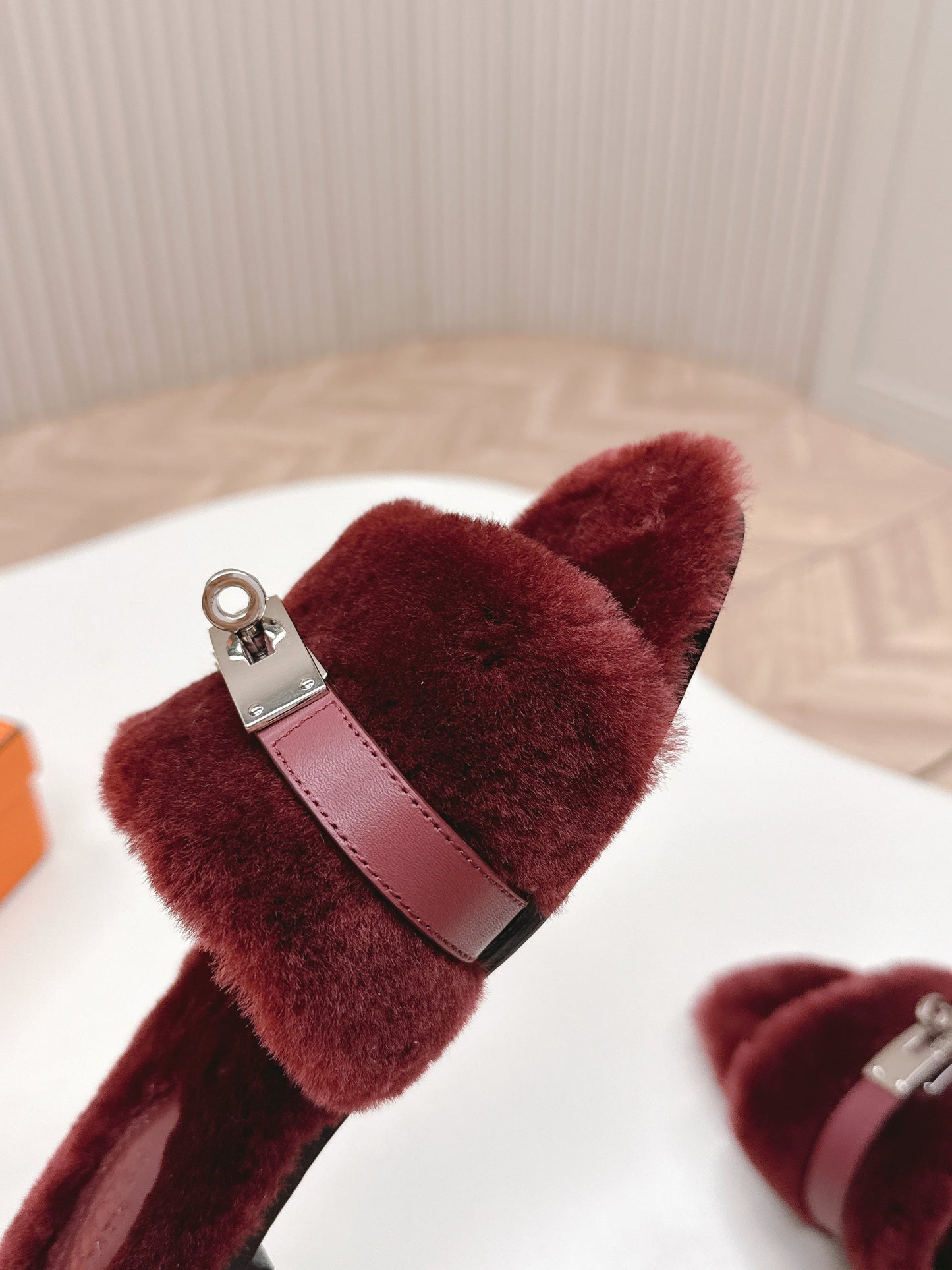 HM 25S ORAN SANDAL IN DARK RED SHEARLING WITH SILVER HARDWARE - 35