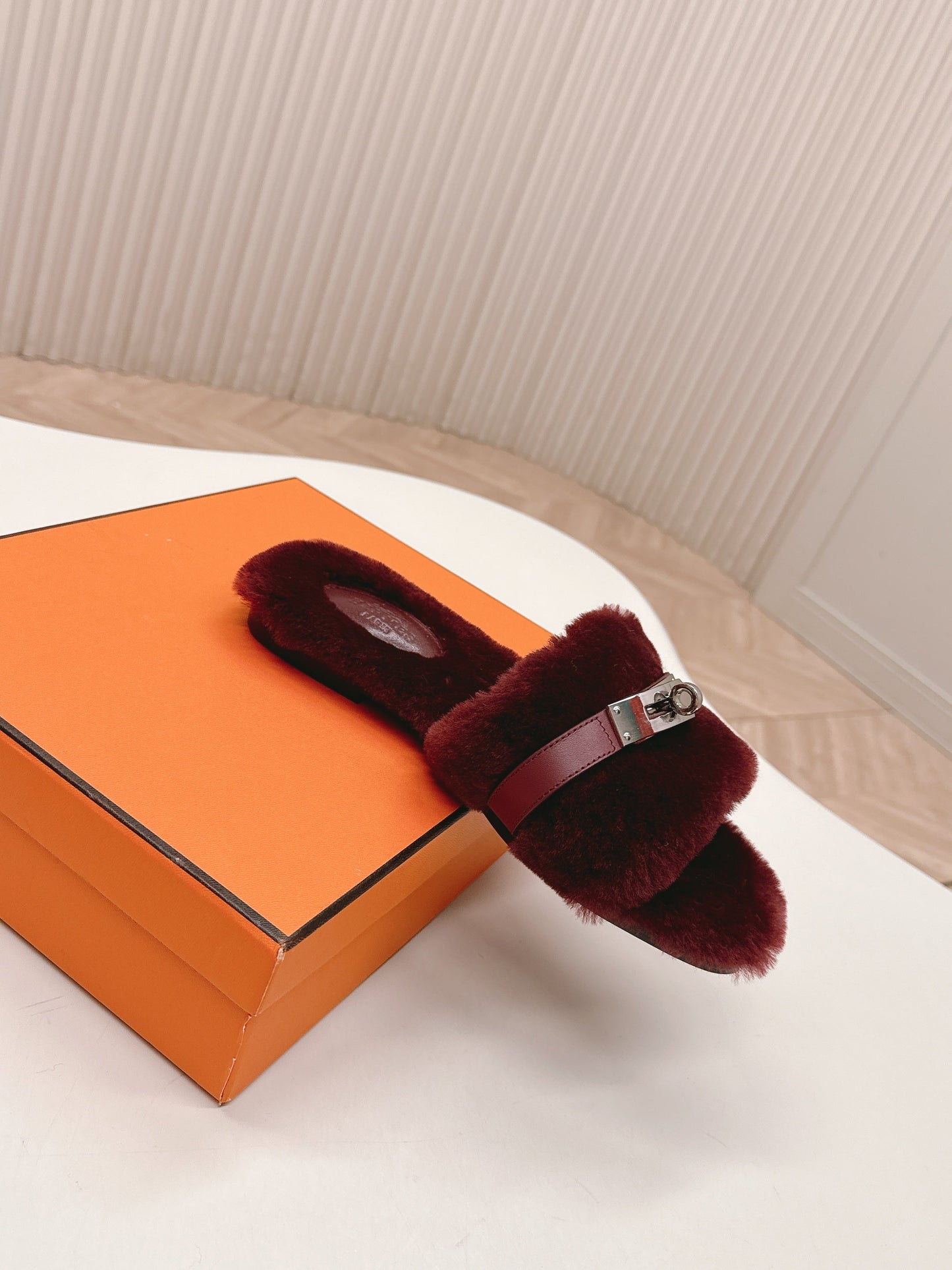 HM 25S ORAN SANDAL IN DARK RED SHEARLING WITH SILVER HARDWARE - 35