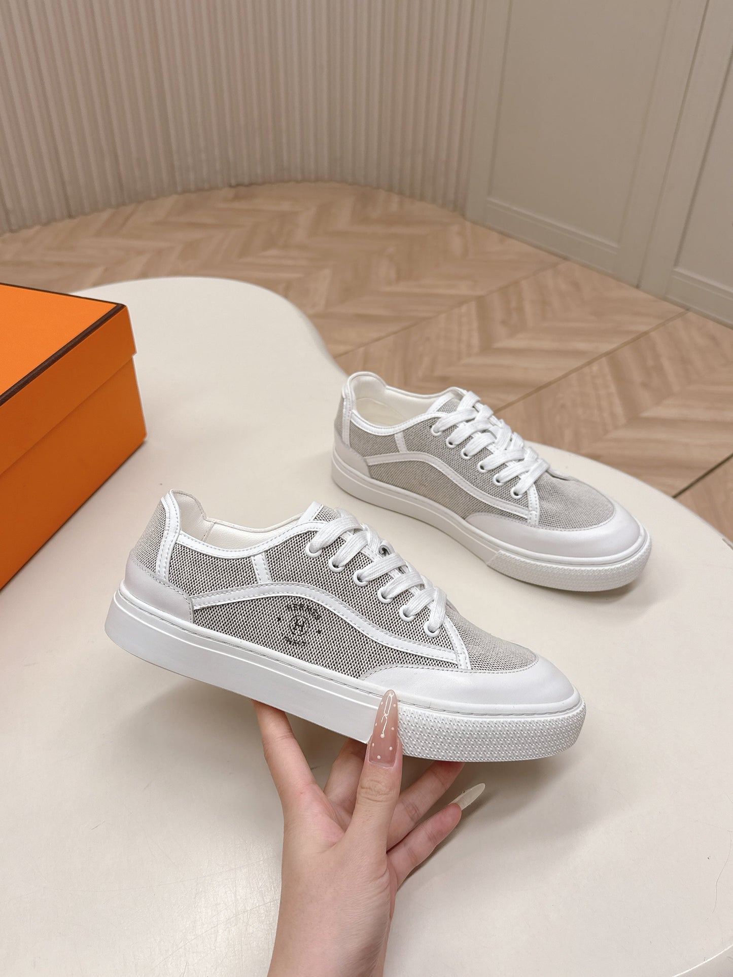HM 25S SNEAKER LOW SPORTS IN GREY CANVAS MIX WHITE LAMBSKIN - 35