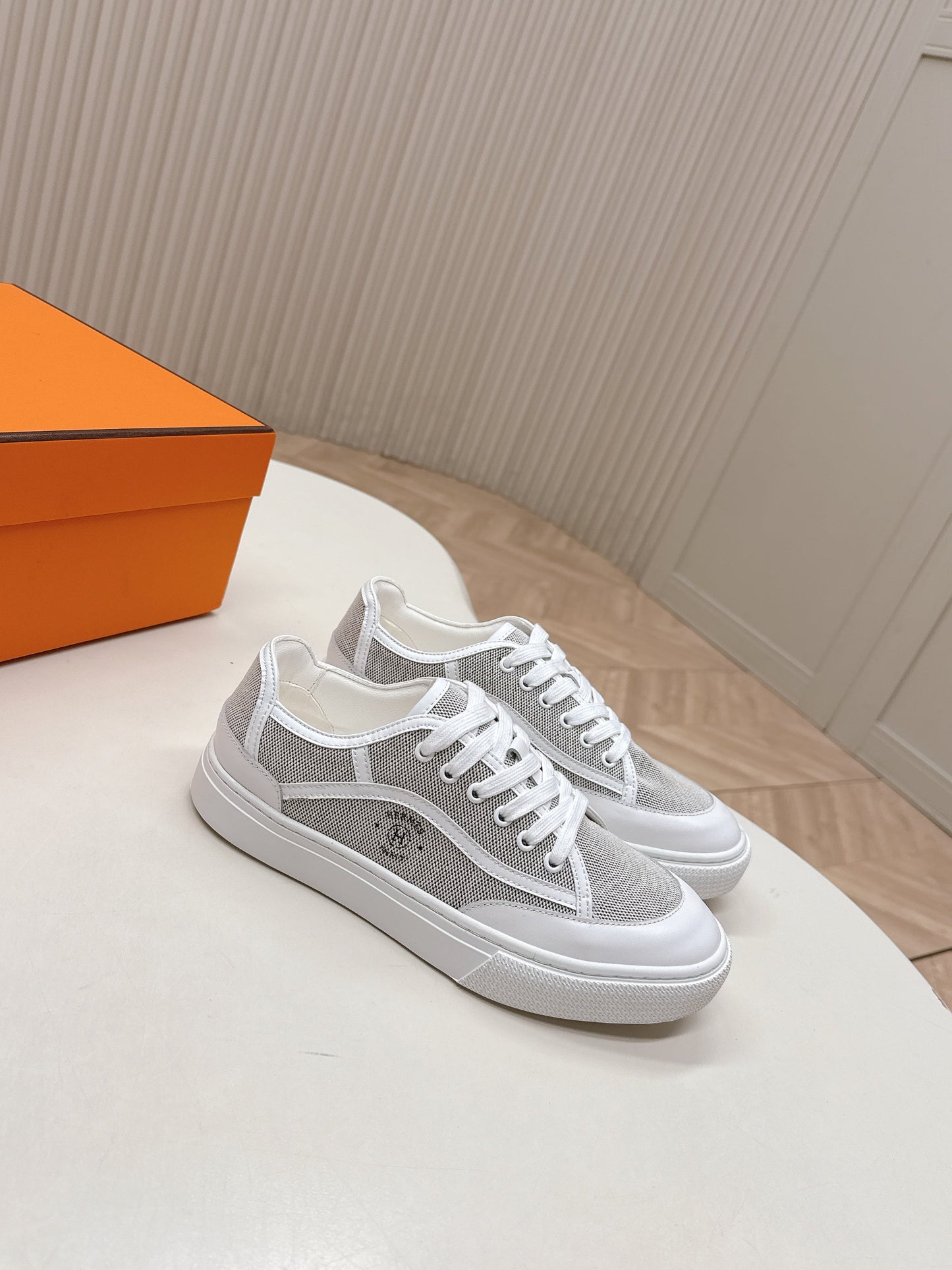 HM 25S SNEAKER LOW SPORTS IN GREY CANVAS MIX WHITE LAMBSKIN - 35