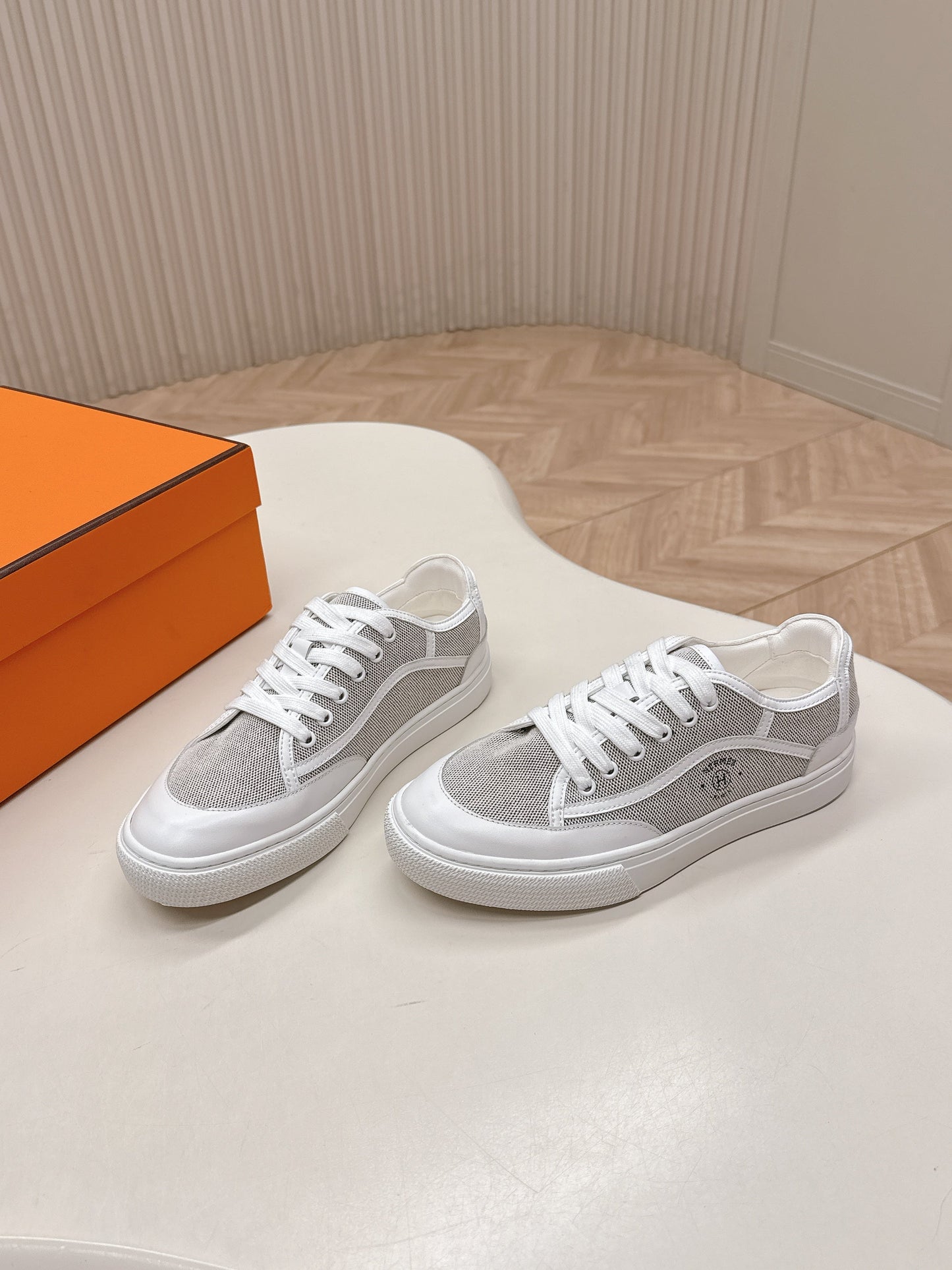 HM 25S SNEAKER LOW SPORTS IN GREY CANVAS MIX WHITE LAMBSKIN - 35
