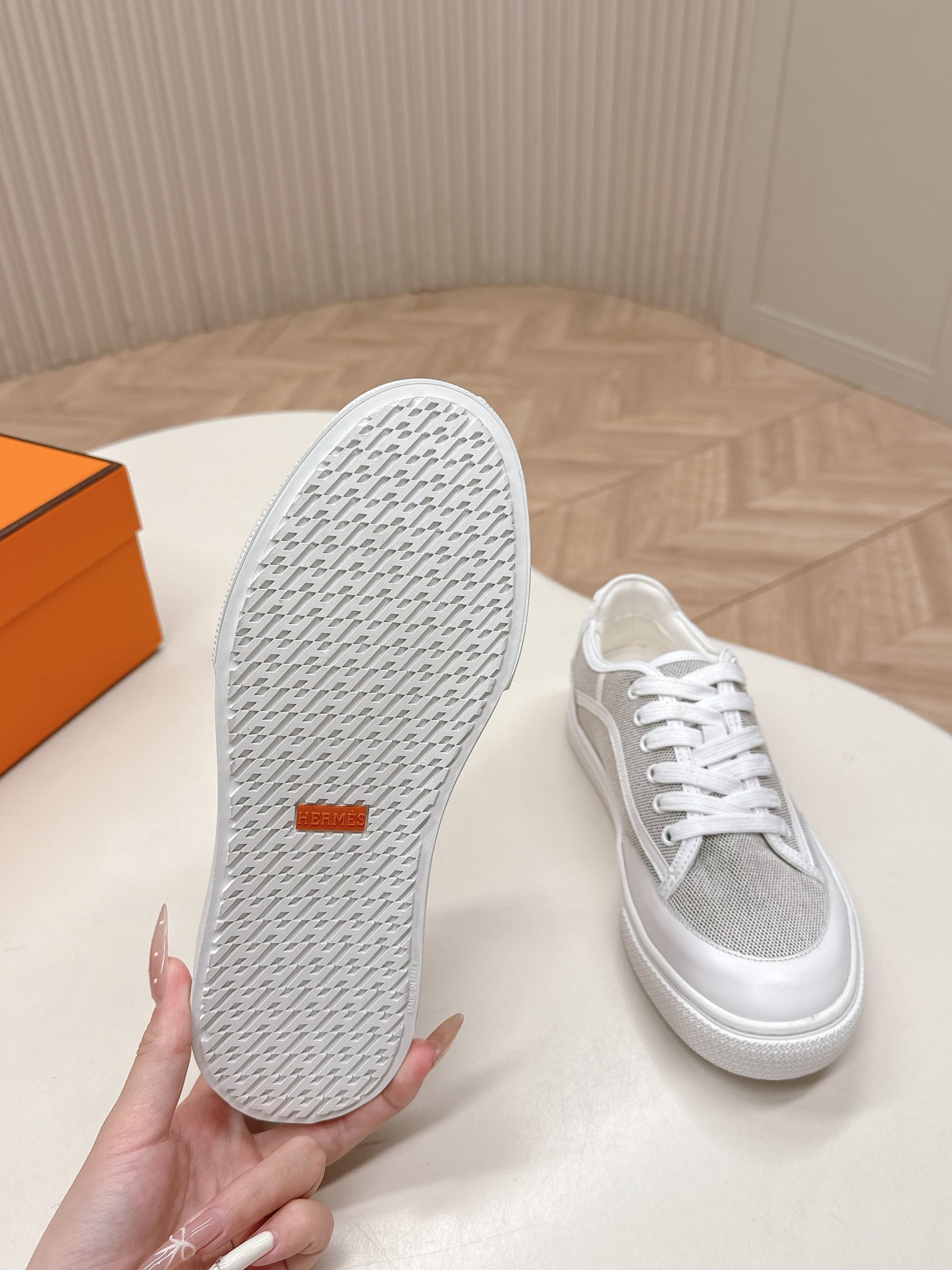 HM 25S SNEAKER LOW SPORTS IN GREY CANVAS MIX WHITE LAMBSKIN - 35