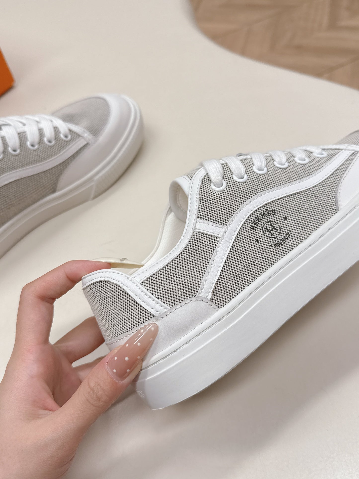 HM 25S SNEAKER LOW SPORTS IN GREY CANVAS MIX WHITE LAMBSKIN - 35