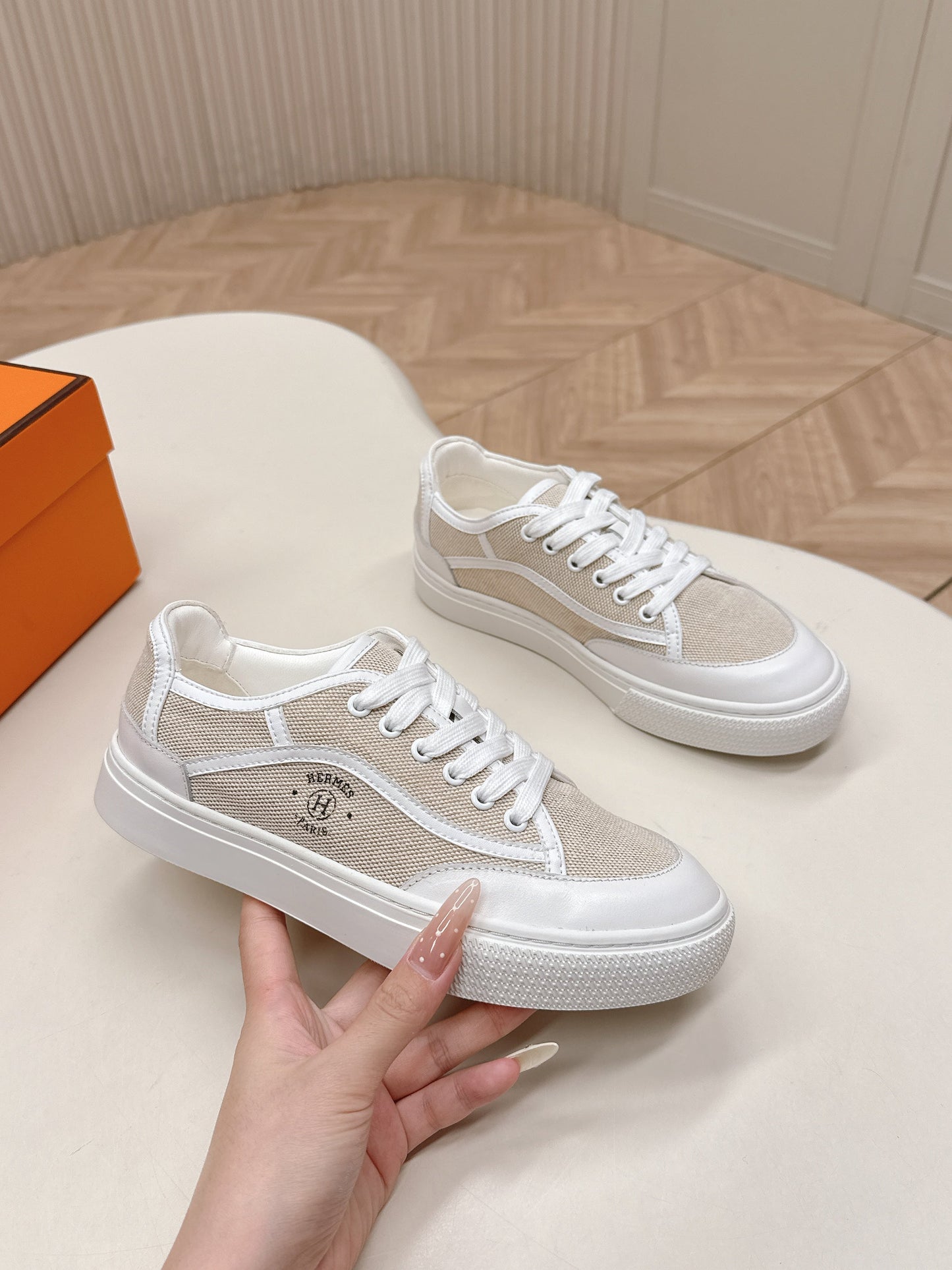 HM 25S SNEAKER LOW SPORTS IN BEIGE CANVAS MIX WHITE LAMBSKIN - 35