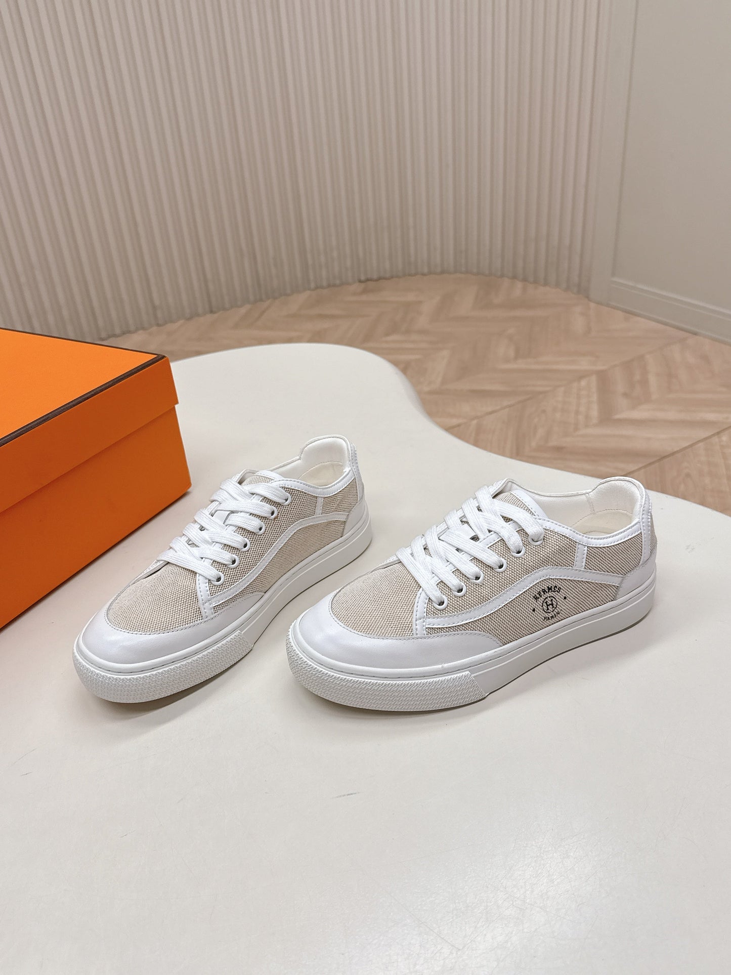 HM 25S SNEAKER LOW SPORTS IN BEIGE CANVAS MIX WHITE LAMBSKIN - 35