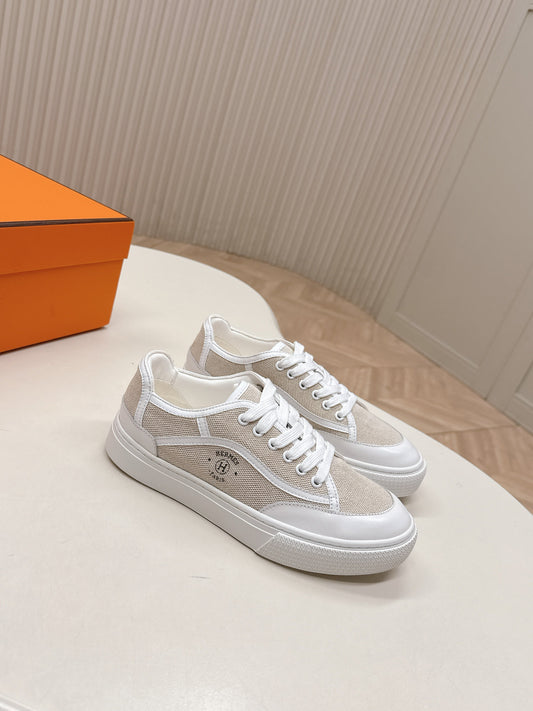 HM 25S SNEAKER LOW SPORTS IN BEIGE CANVAS MIX WHITE LAMBSKIN - 35