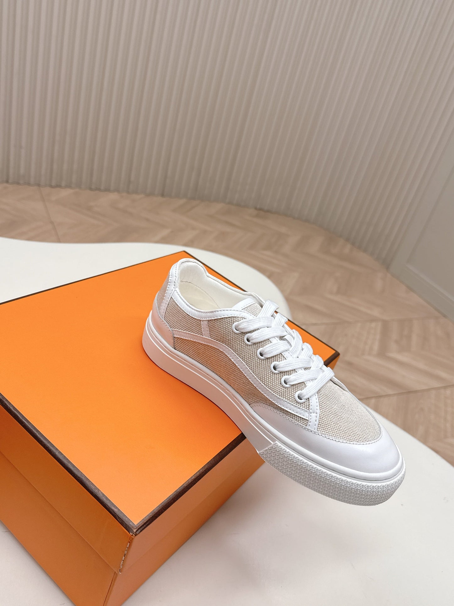 HM 25S SNEAKER LOW SPORTS IN BEIGE CANVAS MIX WHITE LAMBSKIN - 35