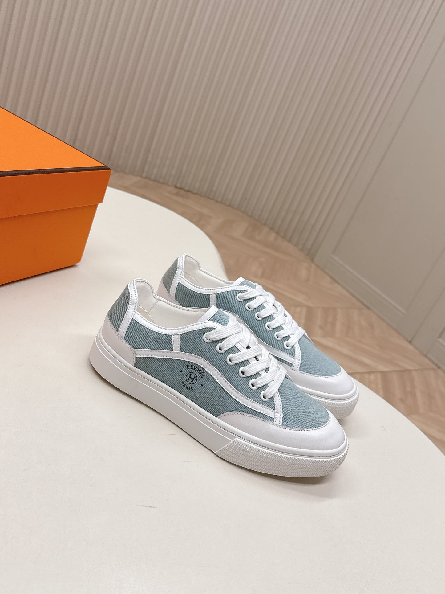 HM 25S SNEAKER LOW SPORTS IN BLUE DENIM MIX WHITE LAMBSKIN - 35