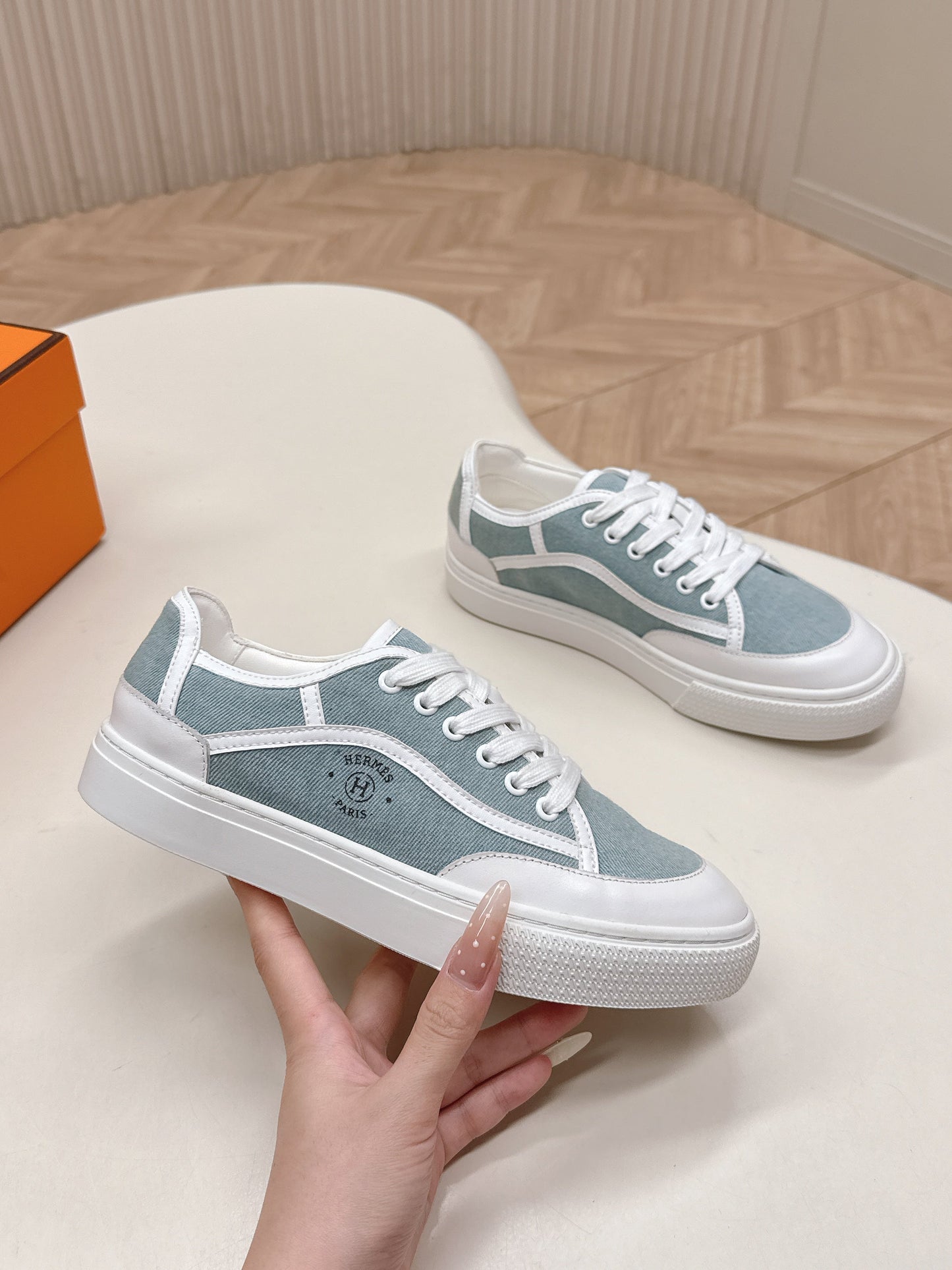 HM 25S SNEAKER LOW SPORTS IN BLUE DENIM MIX WHITE LAMBSKIN - 35