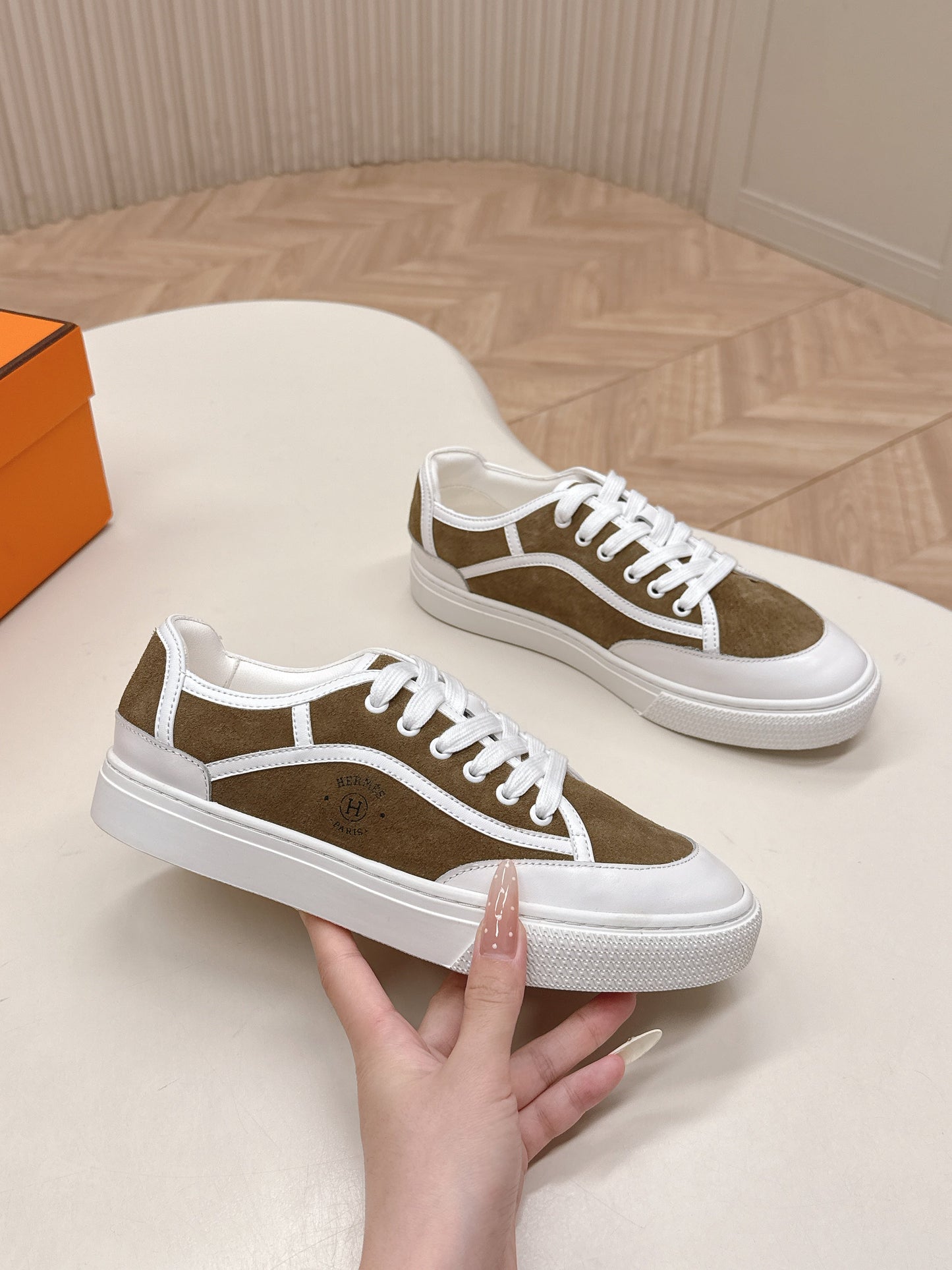 HM 25S SNEAKER LOW SPORTS IN BROWN SUEDE MIX WHITE LAMBSKIN - 35