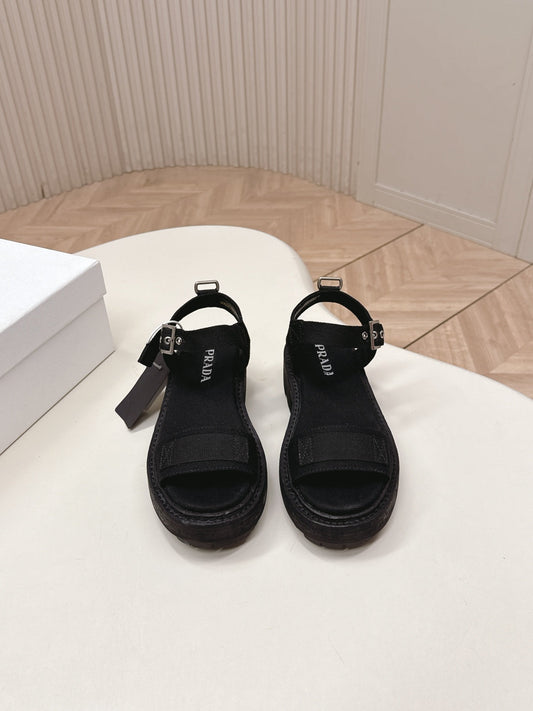 PRADA 26S SINGLE STRAP CHUNKY SOLE SANDALS IN BLACK CANVAS