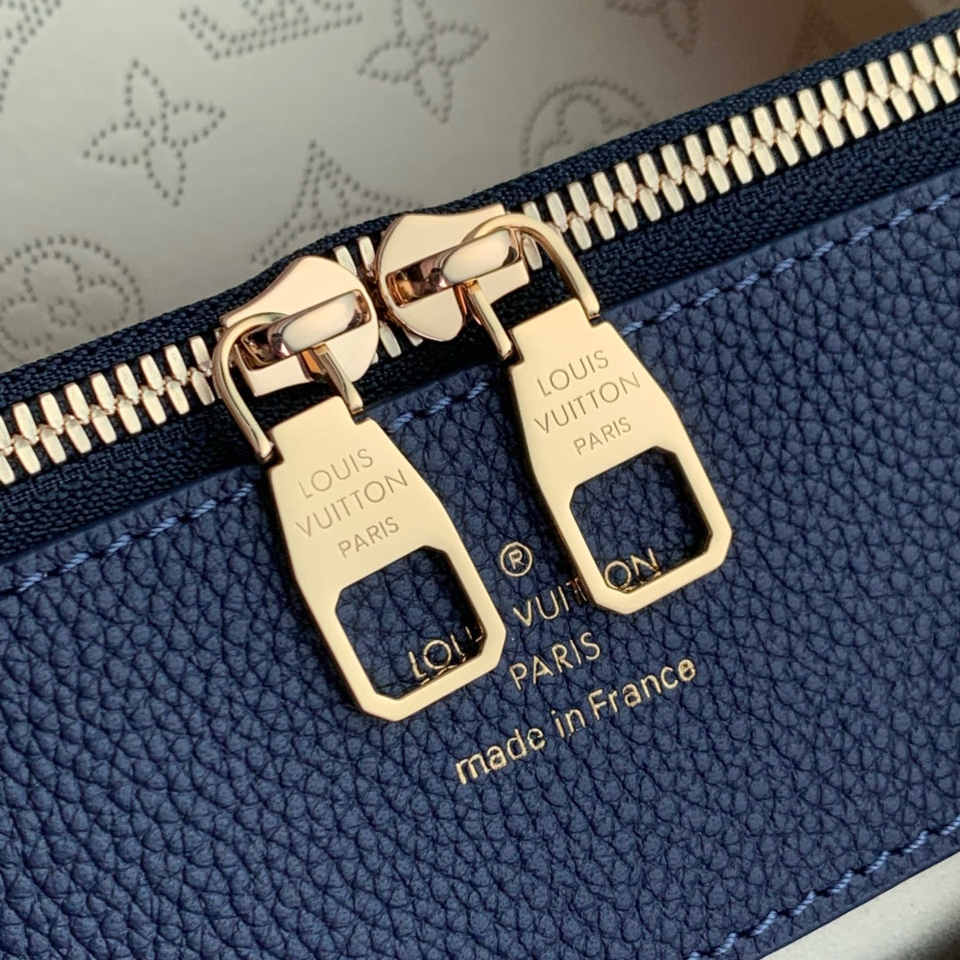 BELLA TOTE 32 IN DARK BLUE MONOGRAM PERFORATED CALFSKIN GOLD HARDWARE