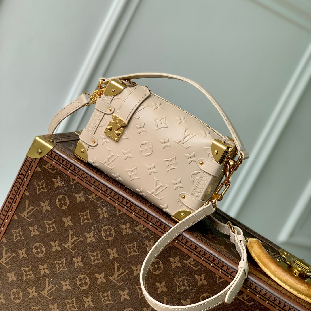 SIDE TRUNK 19 IN BEIGE MONOGRAM BOLD CALFSKIN GOLD HARDWARE