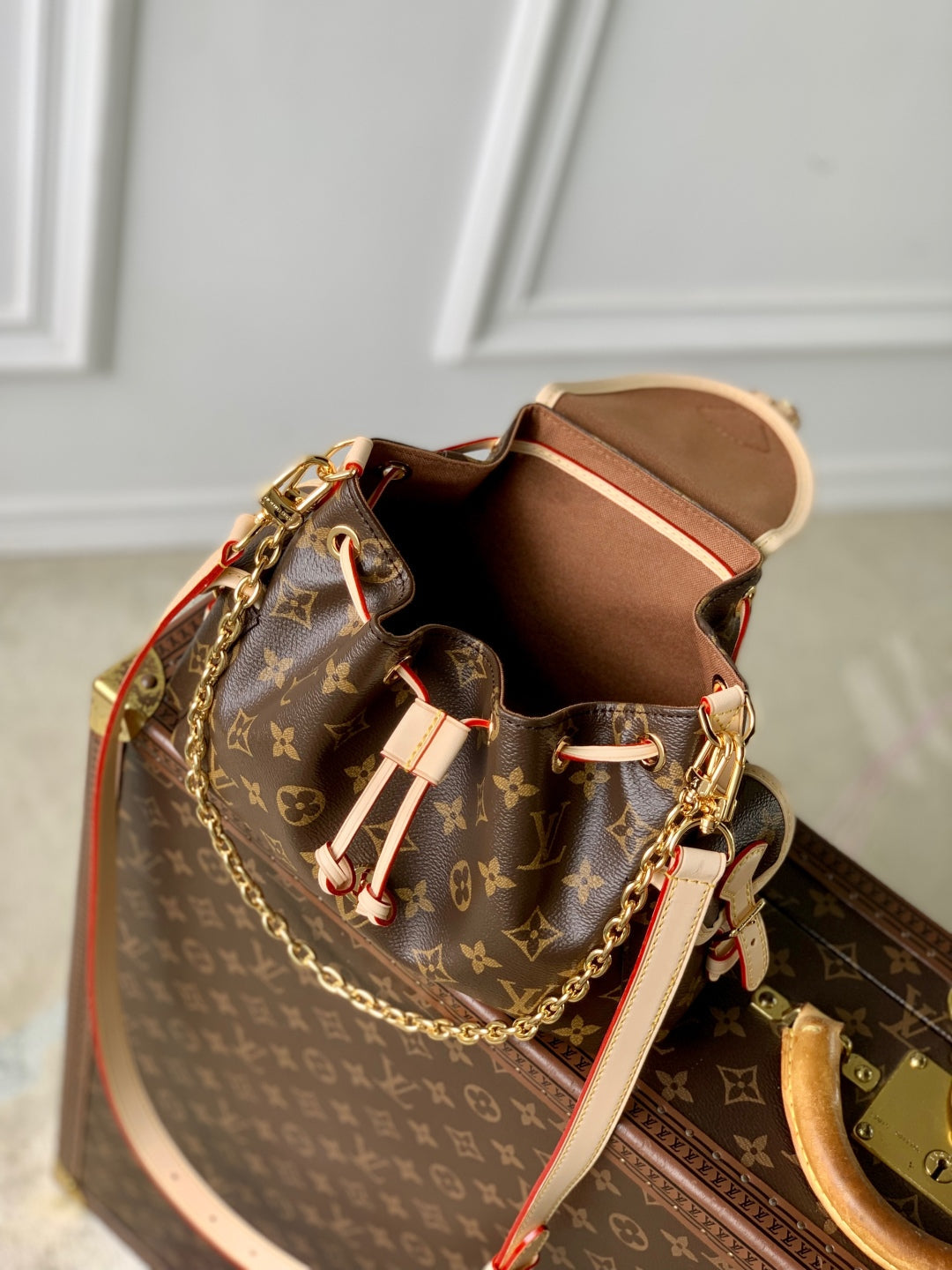 MONTSOURIS BACKPACK MINI 27 IN BROWN MONOGRAM COATED CANVAS AND CALFSKIN