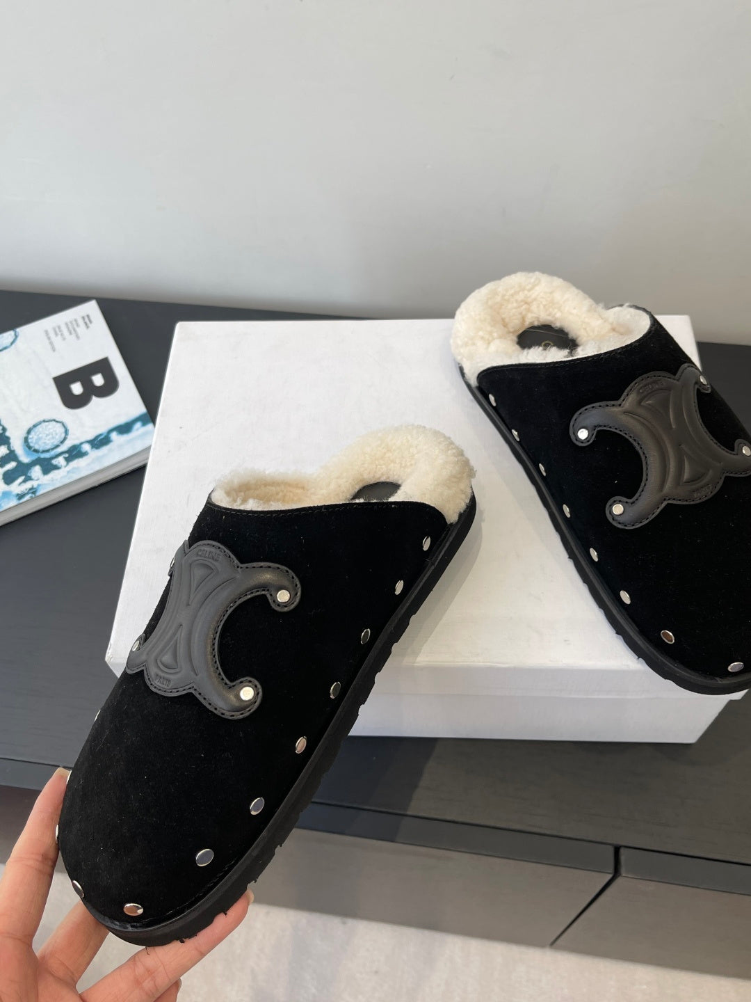 CELINE 26S FUR-LINED MULES IN BLACK SUEDE