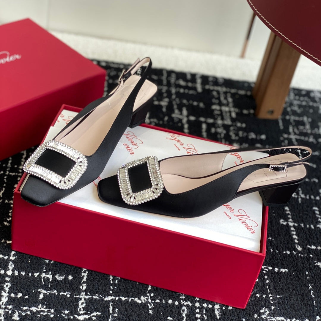 ROGER VIVIER 25S VIVIER SLINGBACK 45MM IN BLACK SILK EMBELLISHED CRYSTALS - 34