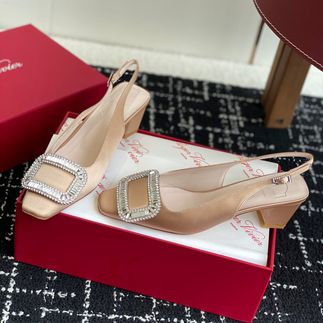 ROGER VIVIER 25S VIVIER SLINGBACK 45MM IN BEIGE SILK EMBELLISHED CRYSTALS - 34