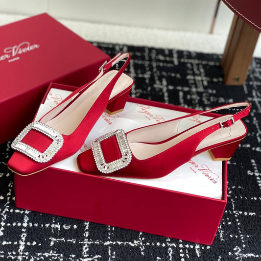 ROGER VIVIER 25S VIVIER SLINGBACK 45MM IN BRIGHT RED SILK EMBELLISHED CRYSTALS - 34