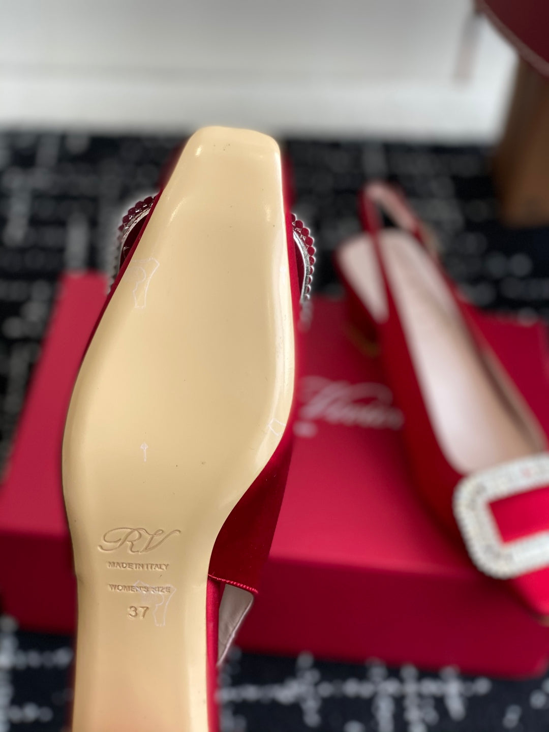 ROGER VIVIER 25S VIVIER SLINGBACK 45MM IN BRIGHT RED SILK EMBELLISHED CRYSTALS - 34