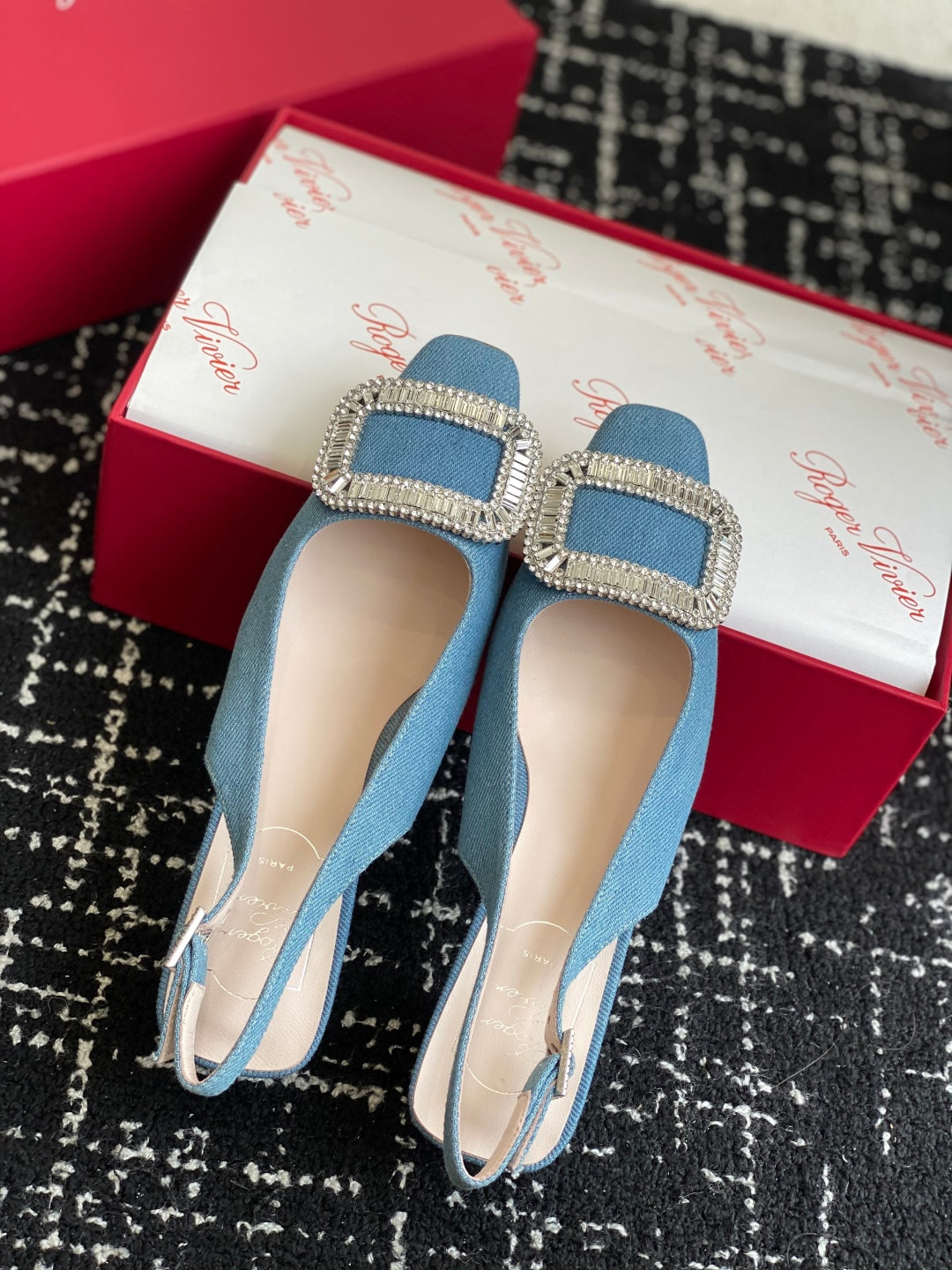 ROGER VIVIER 25S VIVIER SLINGBACK 45MM IN BLUE DENIM EMBELLISHED CRYSTALS - 34