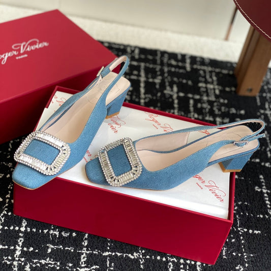 ROGER VIVIER 25S VIVIER SLINGBACK 45MM IN BLUE DENIM EMBELLISHED CRYSTALS - 34