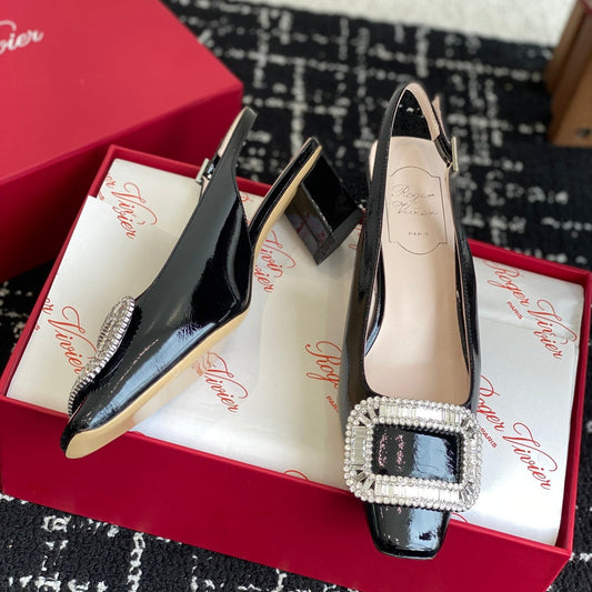 ROGER VIVIER 25S VIVIER SLINGBACK 45MM IN BLACK CALFSKIN EMBELLISHED CRYSTALS - 34