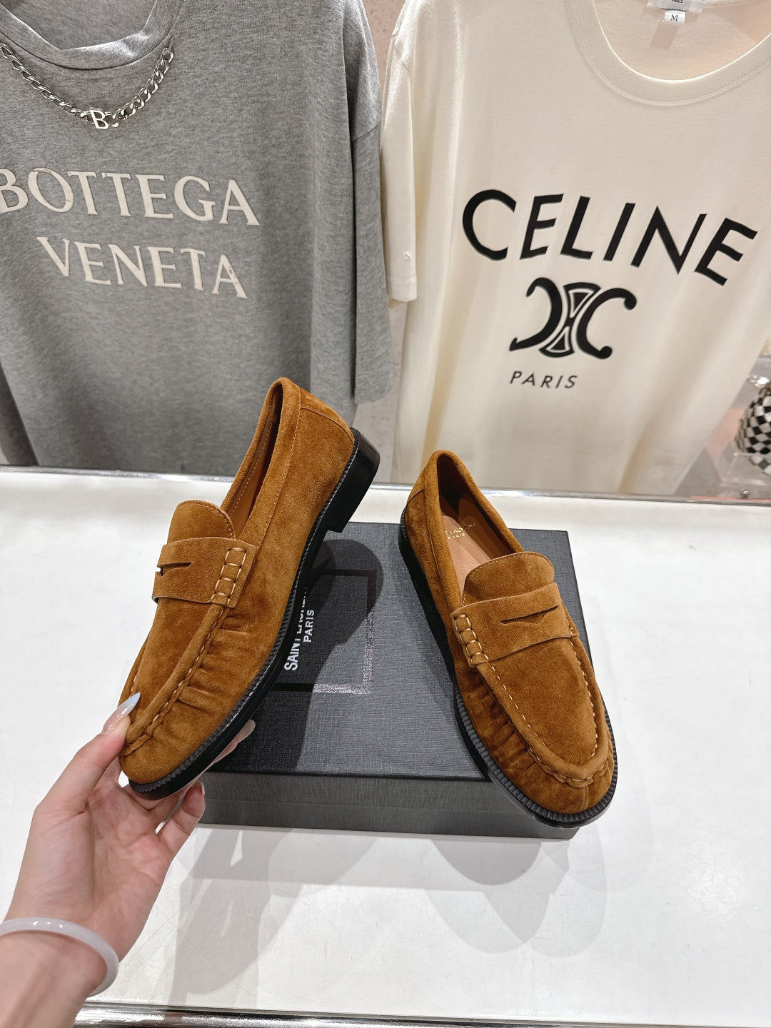 YSL 25S LOAFERS IN COPPER BROWN SUEDE WITH GOLD HARDWARE - 35