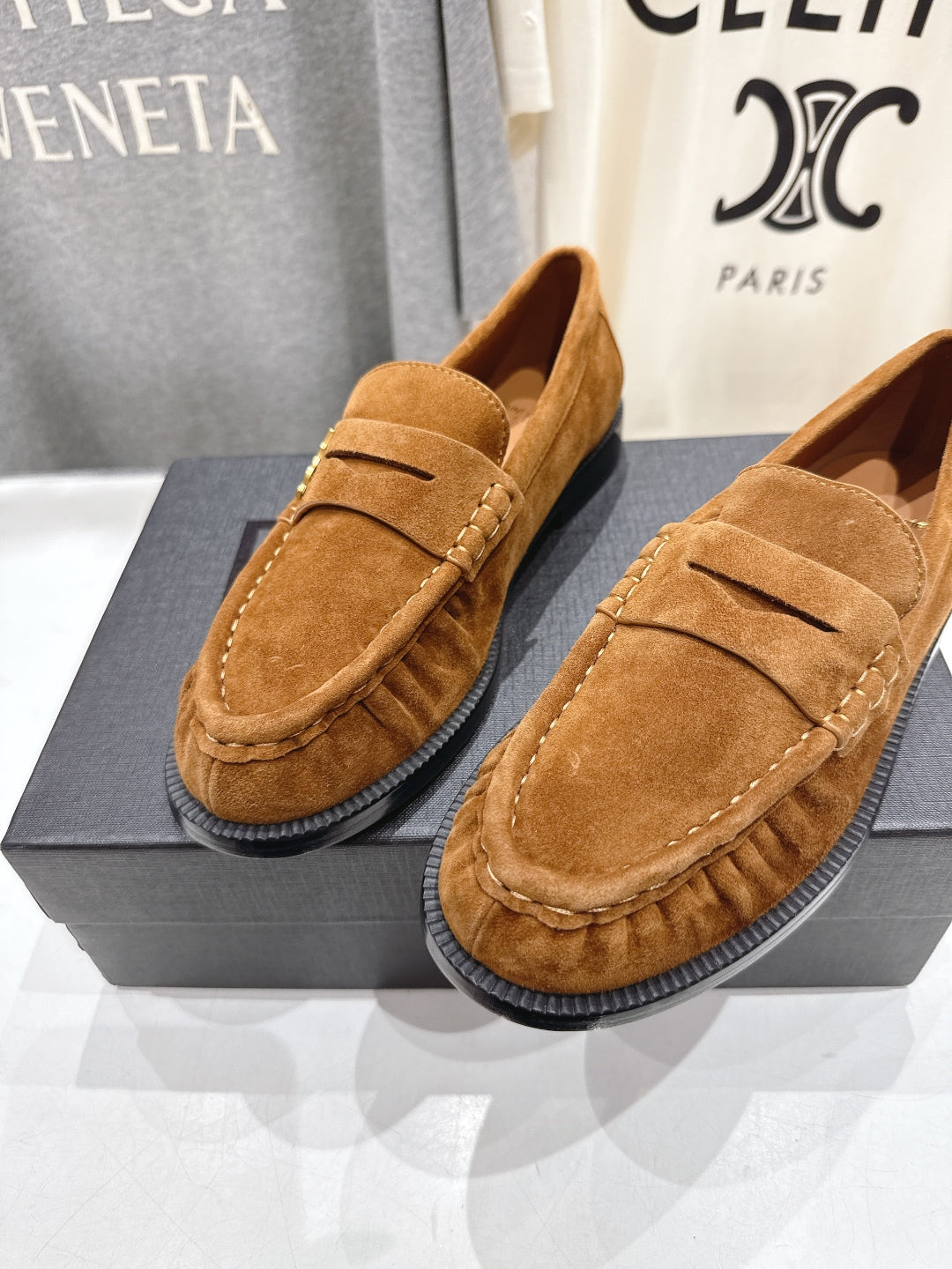 YSL 25S LOAFERS IN COPPER BROWN SUEDE WITH GOLD HARDWARE - 35