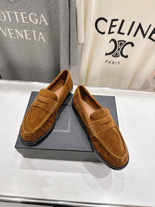 YSL 25S LOAFERS IN COPPER BROWN SUEDE WITH GOLD HARDWARE - 35