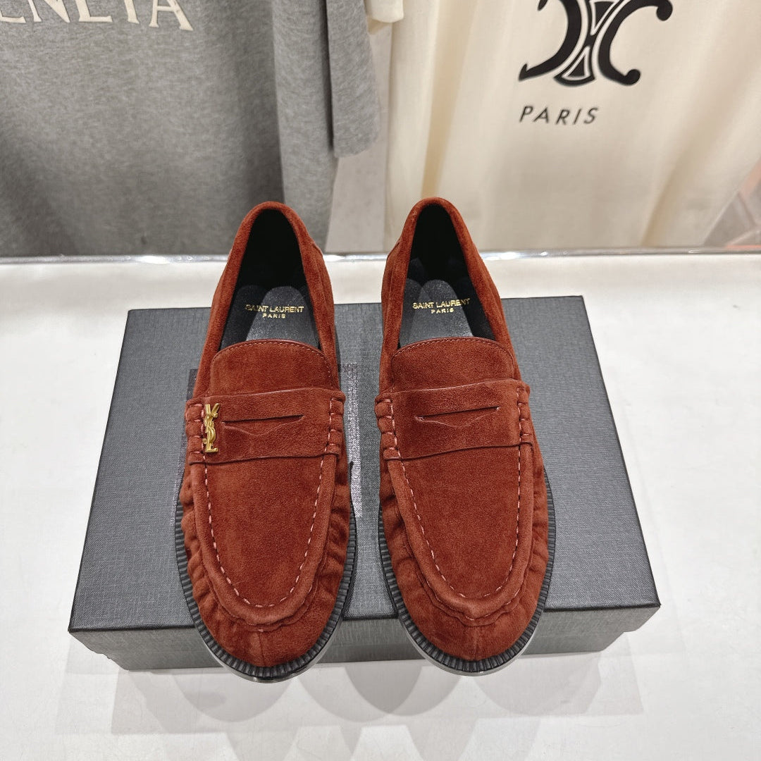 YSL 25S LOAFERS IN RED MAHOGANY SUEDE WITH GOLD HARDWARE - 35