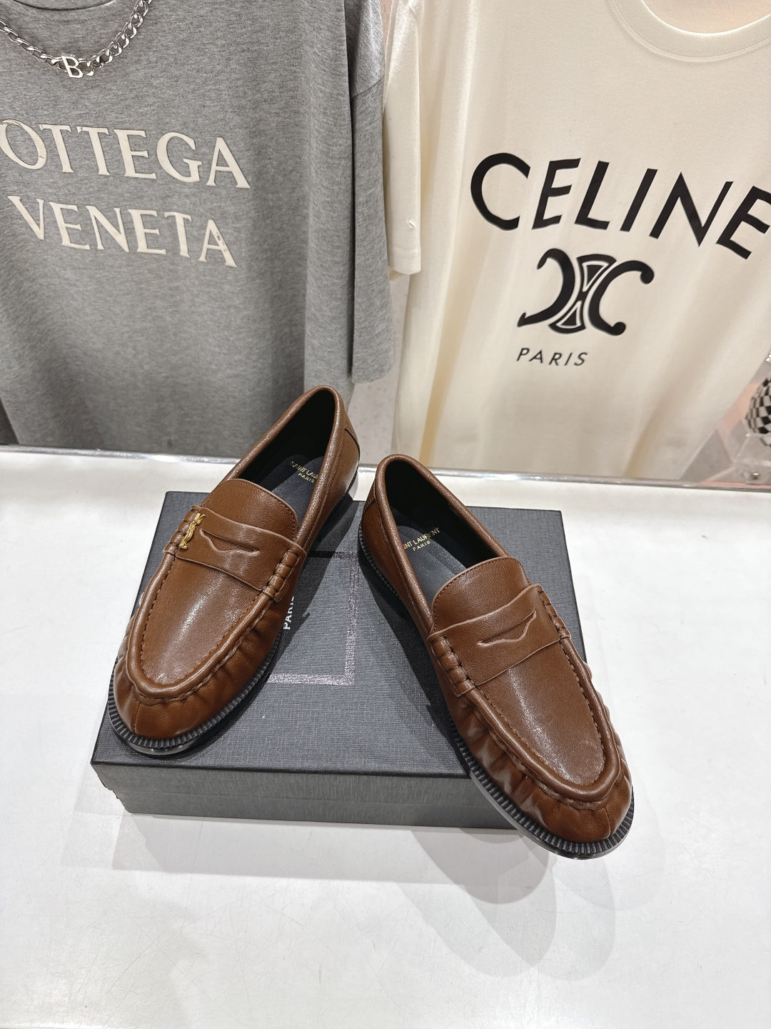YSL 25S LOAFERS IN COFFEE BROWN LAMBSKIN WITH GOLD HARDWARE - 35