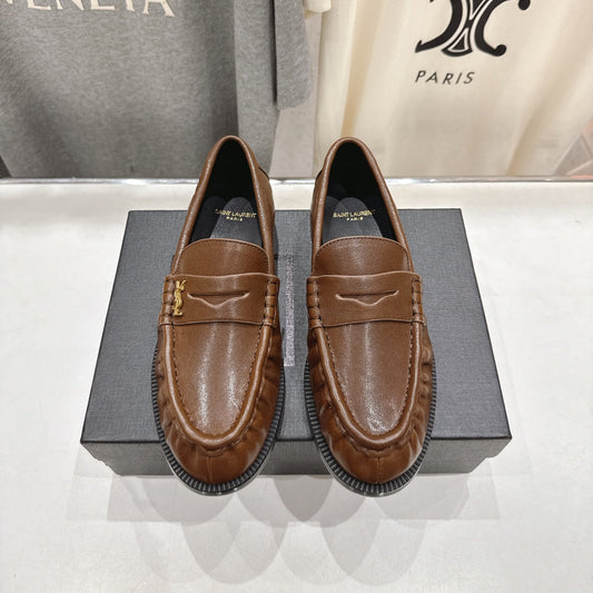 YSL 25S LOAFERS IN COFFEE BROWN LAMBSKIN WITH GOLD HARDWARE - 35