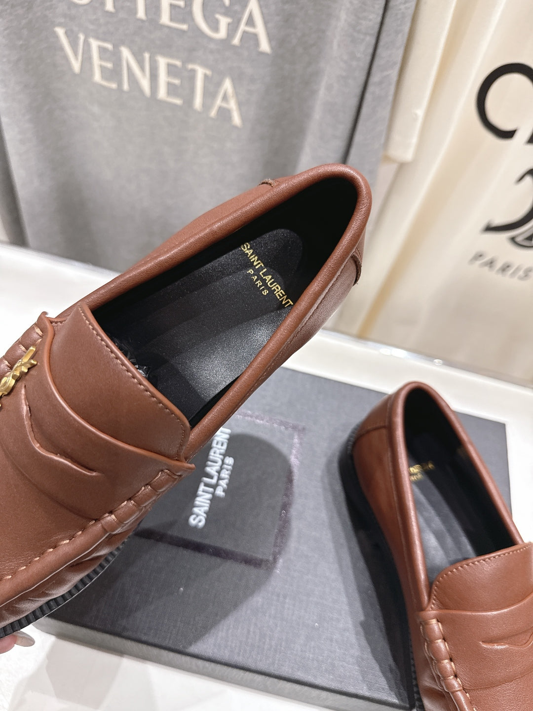 YSL 25S LOAFERS IN CHESTNUT BROWN LAMBSKIN WITH GOLD HARDWARE - 35